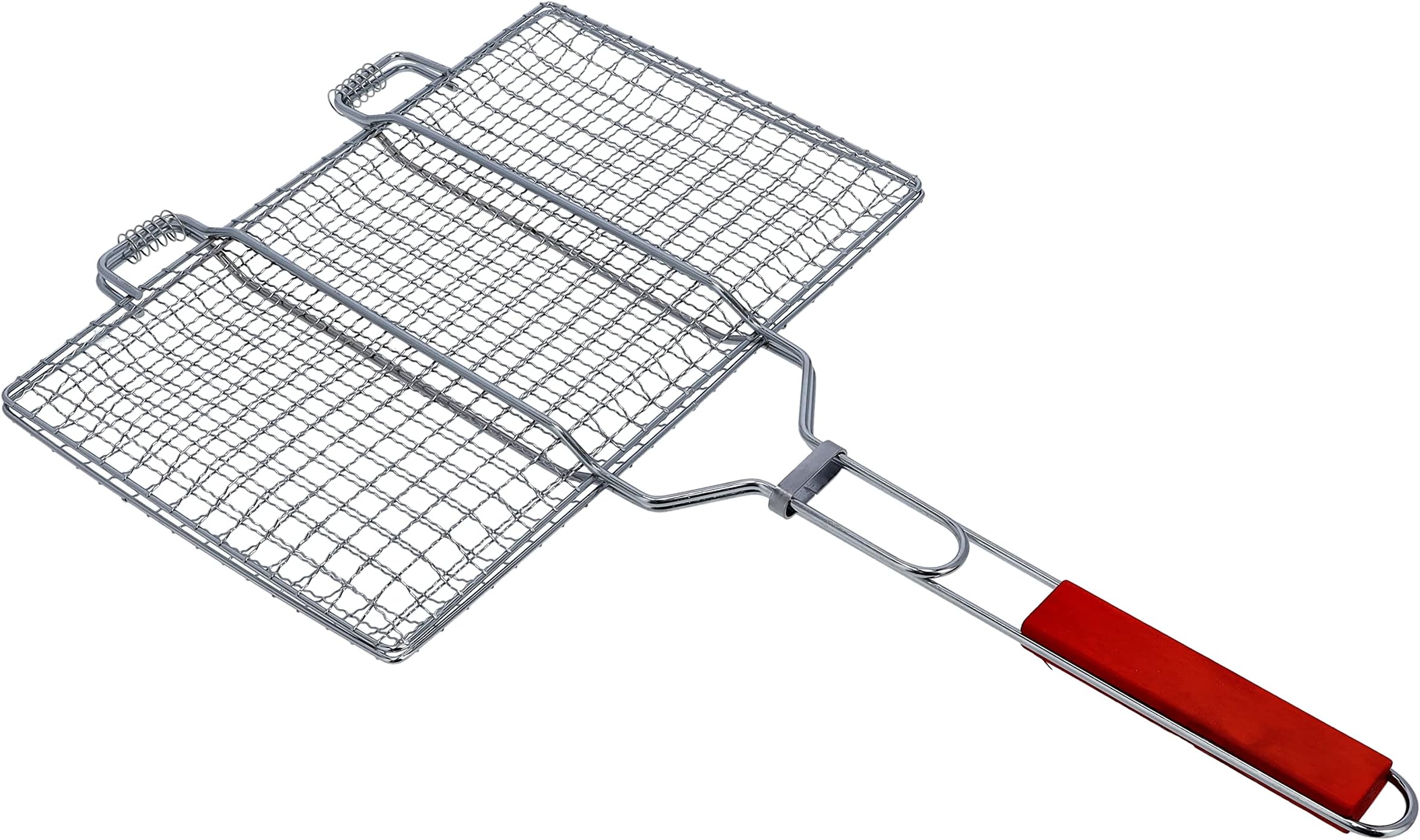 Barbeque Grill With Wooden Handle, Folding Portable Bbq Basket For Fish Vegetables Shrimp, Larger Grilling Area, Lockable Grate Silver M, RF10389