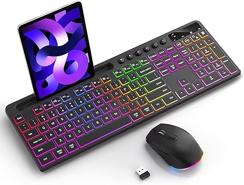Wireless Keyboard and Mouse Combo with Backlit - Soueto Full Size Ergonomic Keyboard with Phone Tablet Holder, 2.4GHz Lag-Free Silent Computer Mouse