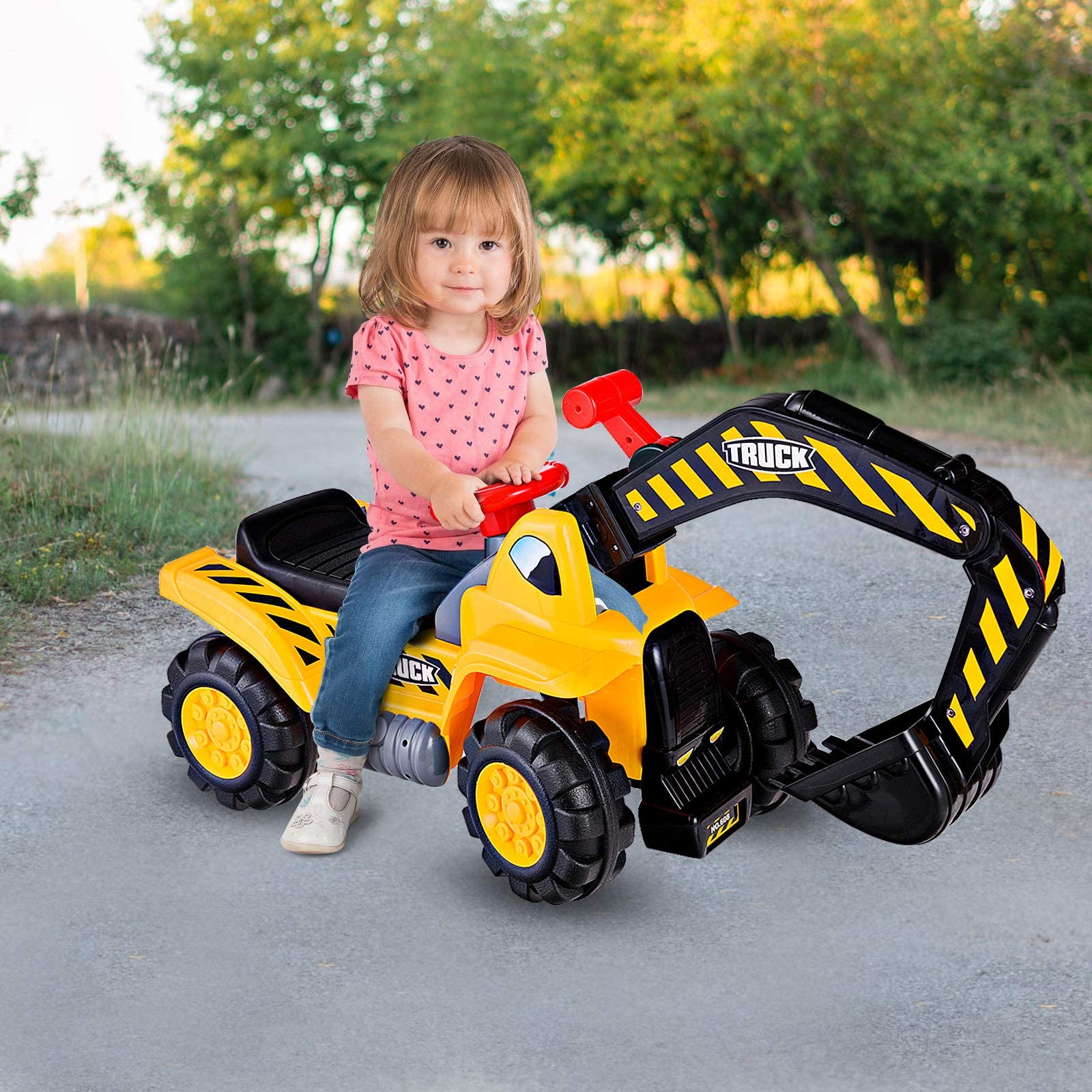 GYMAX Ruspa Giocattolo per Bambini, Escavatore Giocattolo Grande con Suono, Adatto per Casa e Giardino, di Plastica, Giallo, 84x45x30cm