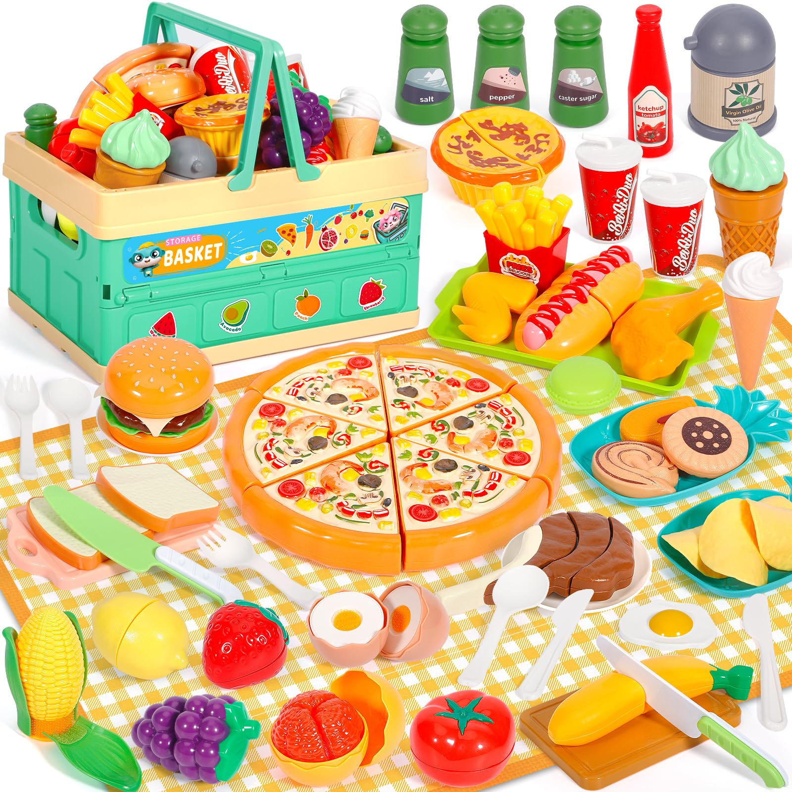 Giocattolo Da Taglio per Cucina per Bambini, 52 Pezzi Accessori Cucina Bambini Set Con Rutta Da Tagliare E Verdura Giocattolo, Pizza, Cibo Finto, Giochi Montessori, Regalo per 3 Anni
