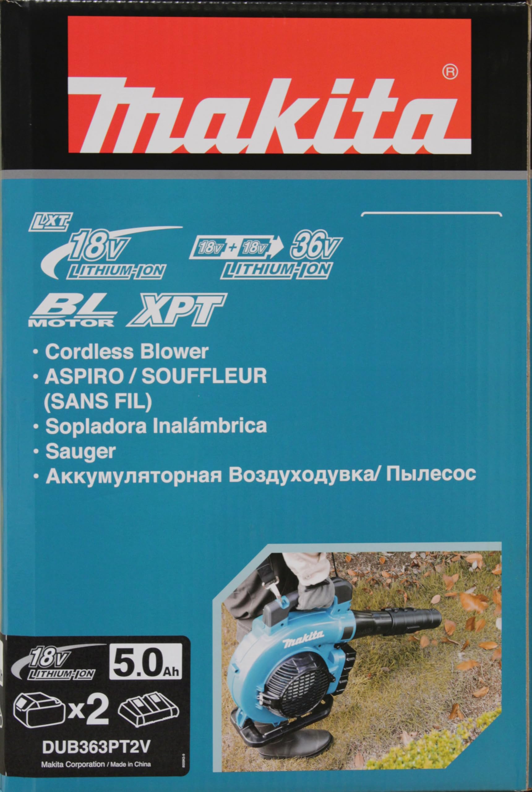 Makita DUB363PT2V Akku-Laubbläser/Sauger 2x18 V / 5,0 Ah, 2 Akkus + Doppelladegerät
