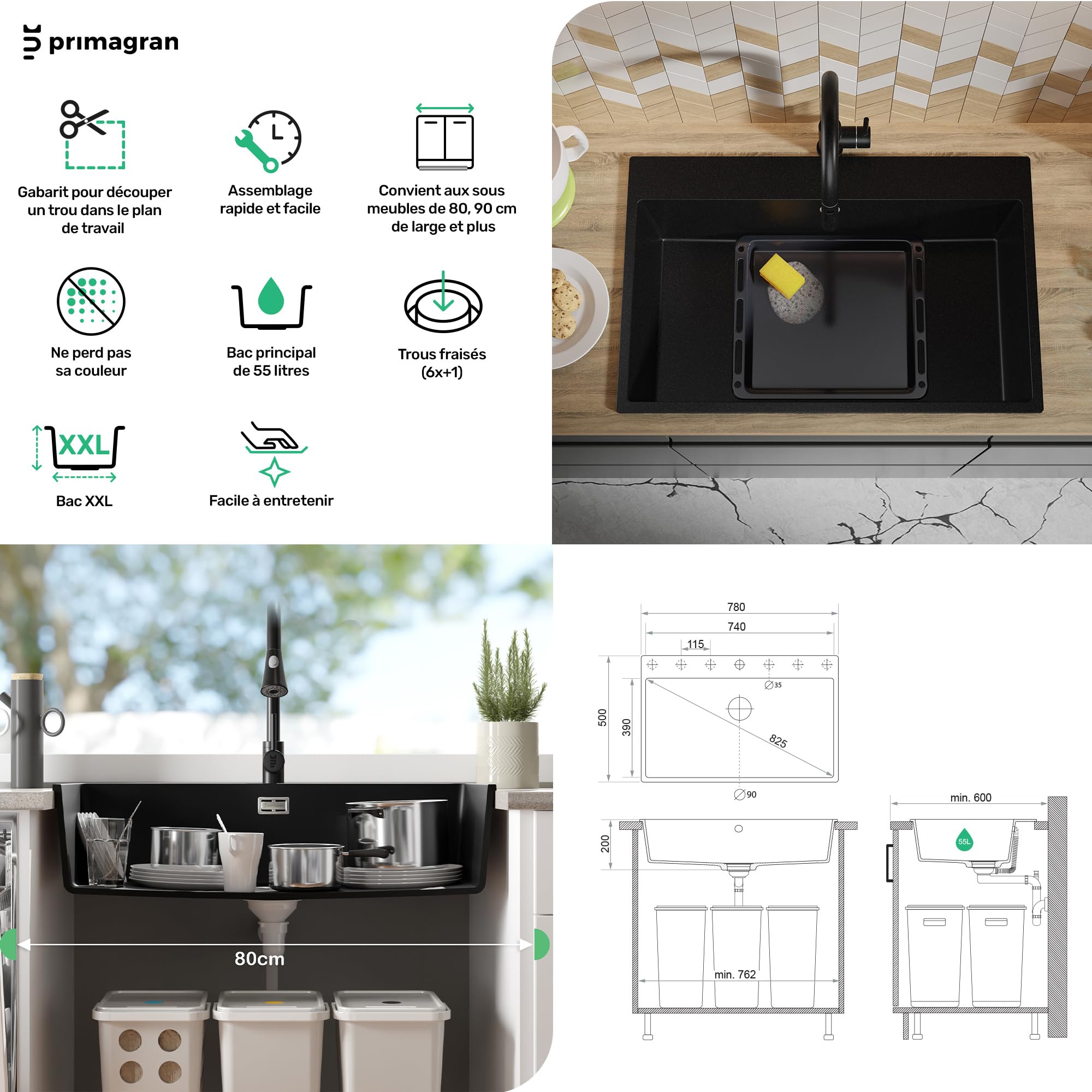 PRIMAGRAN Evier Cuisine en Granit Tout Beige 78x50cm, Lavabo 1 bac + Robinet 40x20cm + Kit de Vidage, Évier à Encastrer au Meuble 80cm - Riga S420