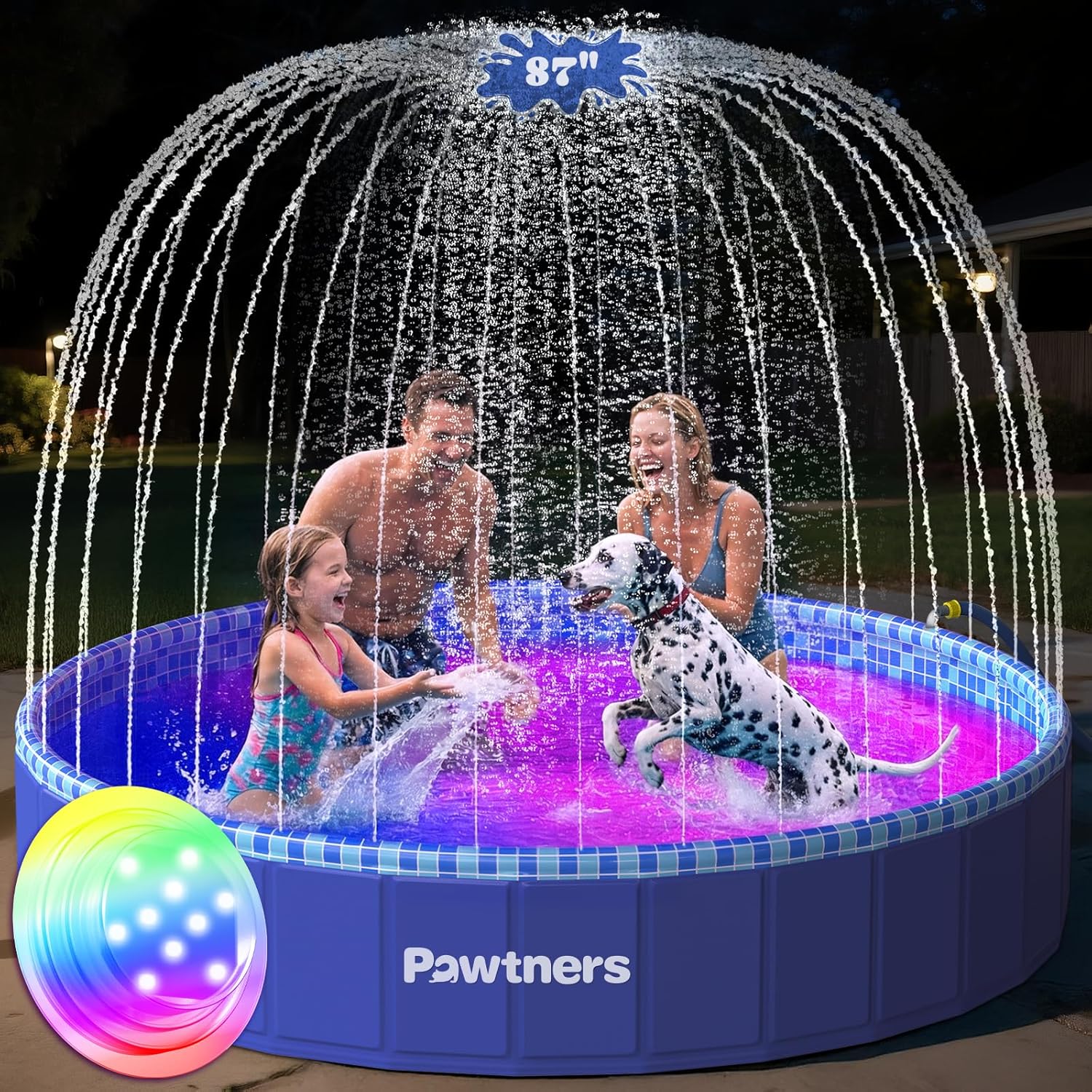 Foldable Kiddie Pool with Sprinkler RGB LED Light, 87" Collapsible Hard Plastic Dog Swimming Splash Pool for Small Medium Large Doggie Kitty Puppy, Pet Bathing Tub Wading Pool for Dogs Blue