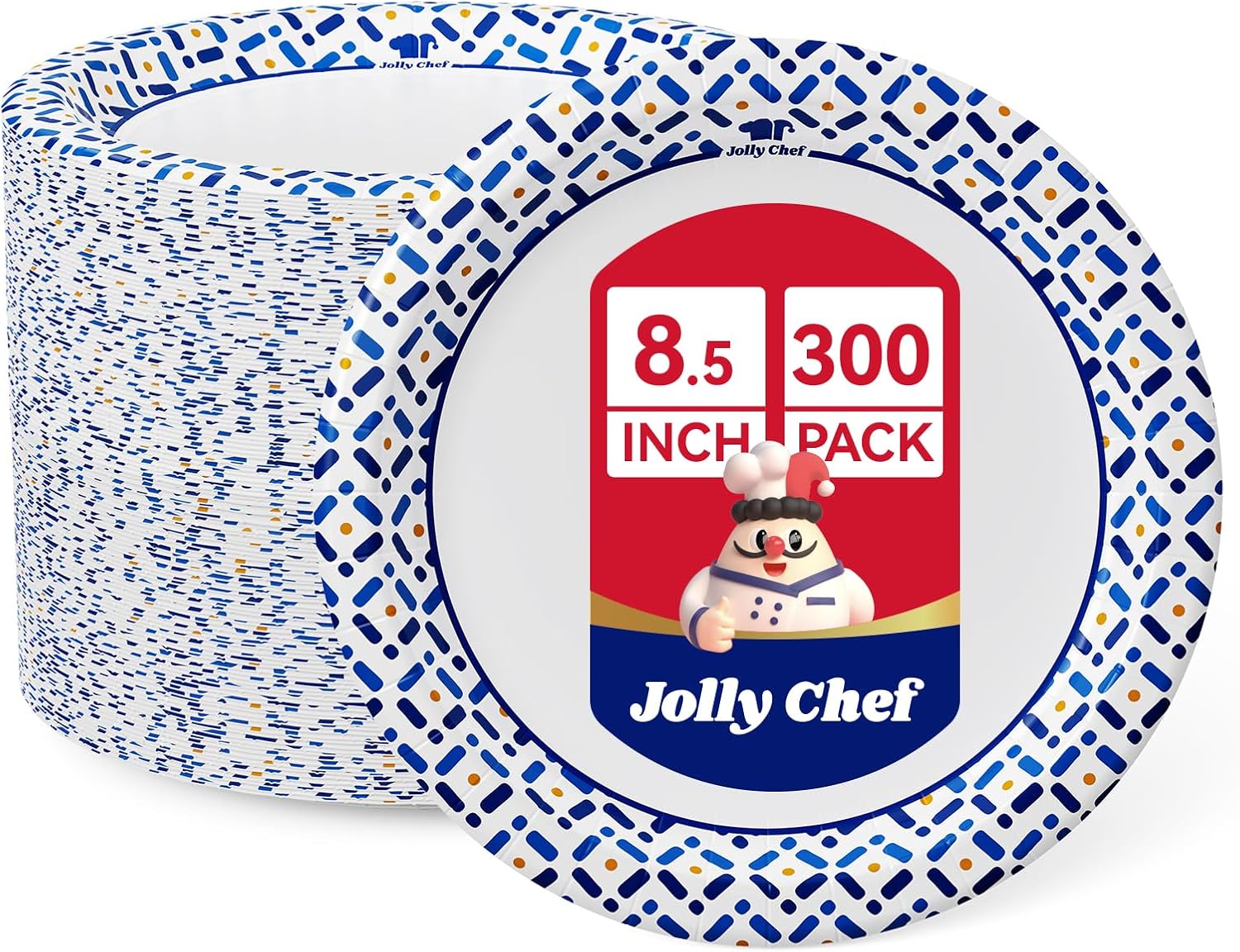 JOLLY CHEF 300 Count 8.5 Inch Paper Plates, Soak-Proof, Cut Proof, Disposable Heavy Duty Plates for Everyday Use, Picnic, Family Gatherings, Parties