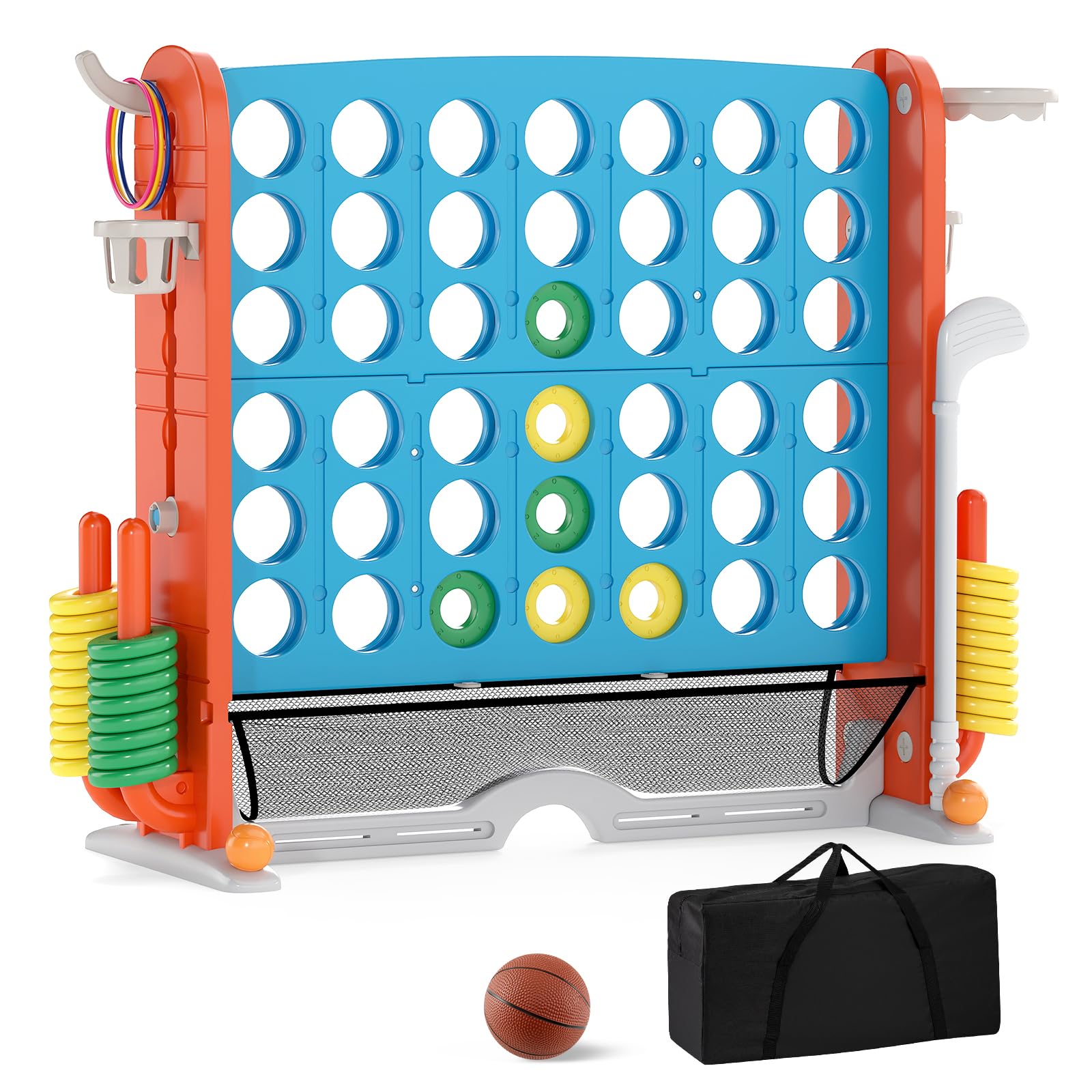 COSTWAY Juego Gigante 4 en Raya, 4 en 1 Juego de Conecta 4 Gigante con Lanzamiento de Aros, Aro de Baloncesto, Palo de Golf, Portavasos y Bolsa de Almacenamiento, 4 Alturas Ajustables (Azul)