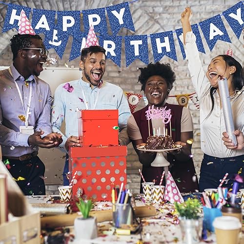 Miniatura 4 de Eaezerav Cartel de feliz cumpleaños con purpurina azul marino para niños y hombres, guirnalda de feliz cumpleaños, baby shower, suministros de