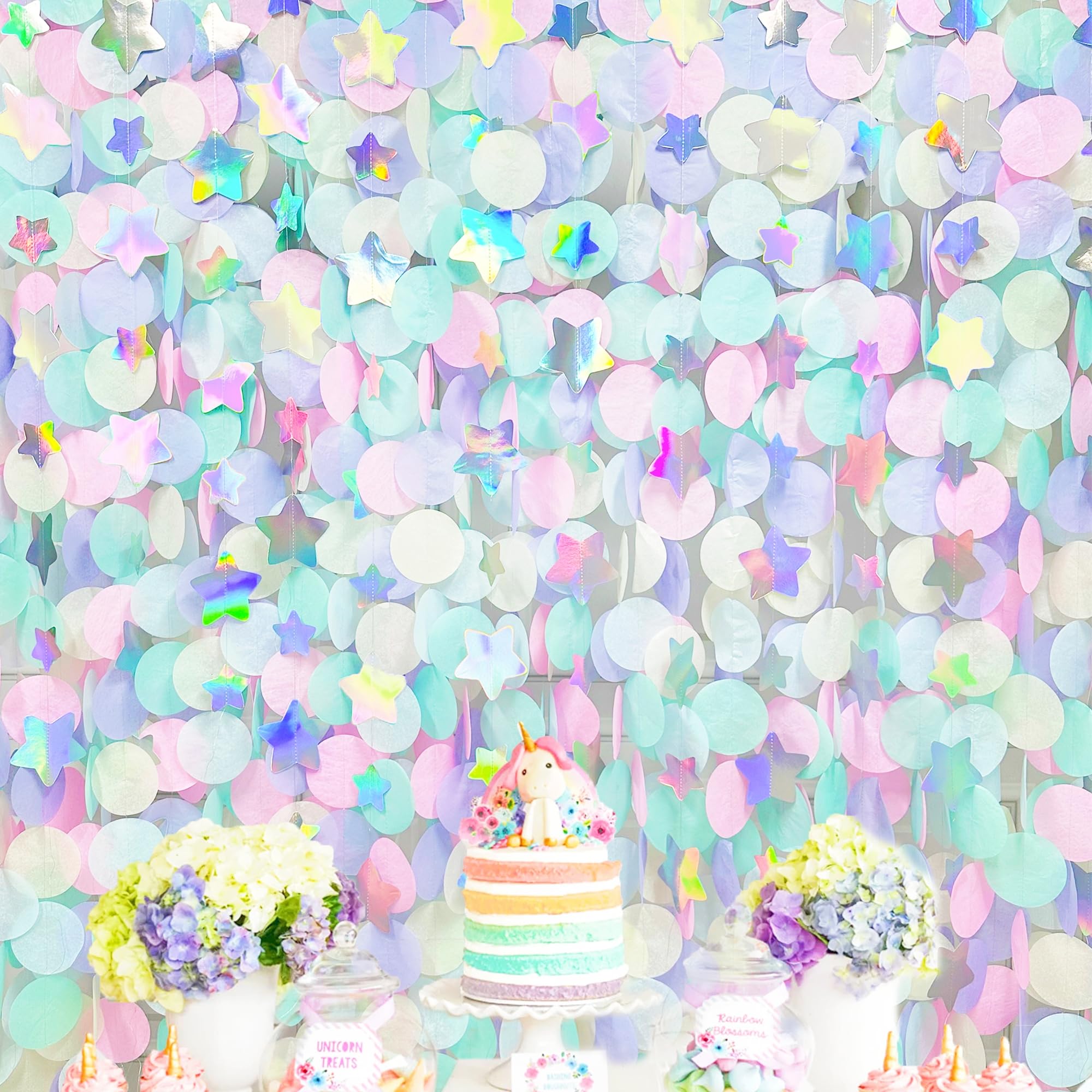 Pastell-Party-Dekorationen, Kreis, Punkte, Luftschlangen, Seidenpapier, Punkte, mit schillerndem Stern, hängende Girlande für Geburtstag, Hochzeit, Junggesellinnenabschied, Verlobung, Babyparty,