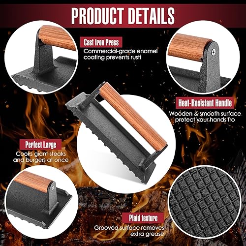 Miniatura 3 de Hushee Prensa de hamburguesa redonda y rectangular, prensa de tocino para plancha, prensa de carne, prensa de hierro fundido con mango de madera