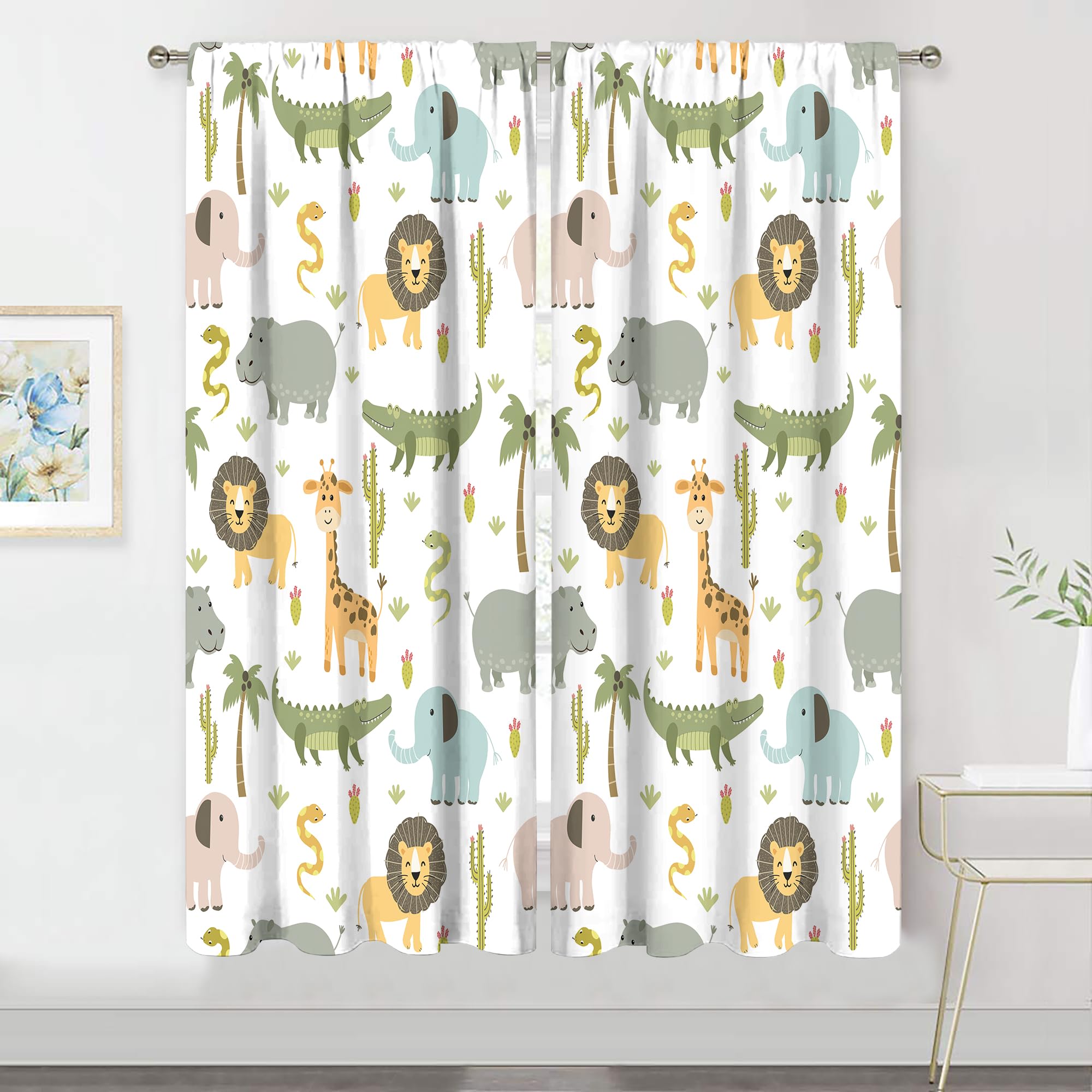 MESHELLY Vorhänge für Kinderzimmer, Safari-Tiere, 74 x 160 cm (B x H), Stangentasche, für Jungen, Kinder, Wald, Dschungel, Löwe, Elefant, Bedruckte Vorhänge für Wohnzimmer, Schlafzimmer
