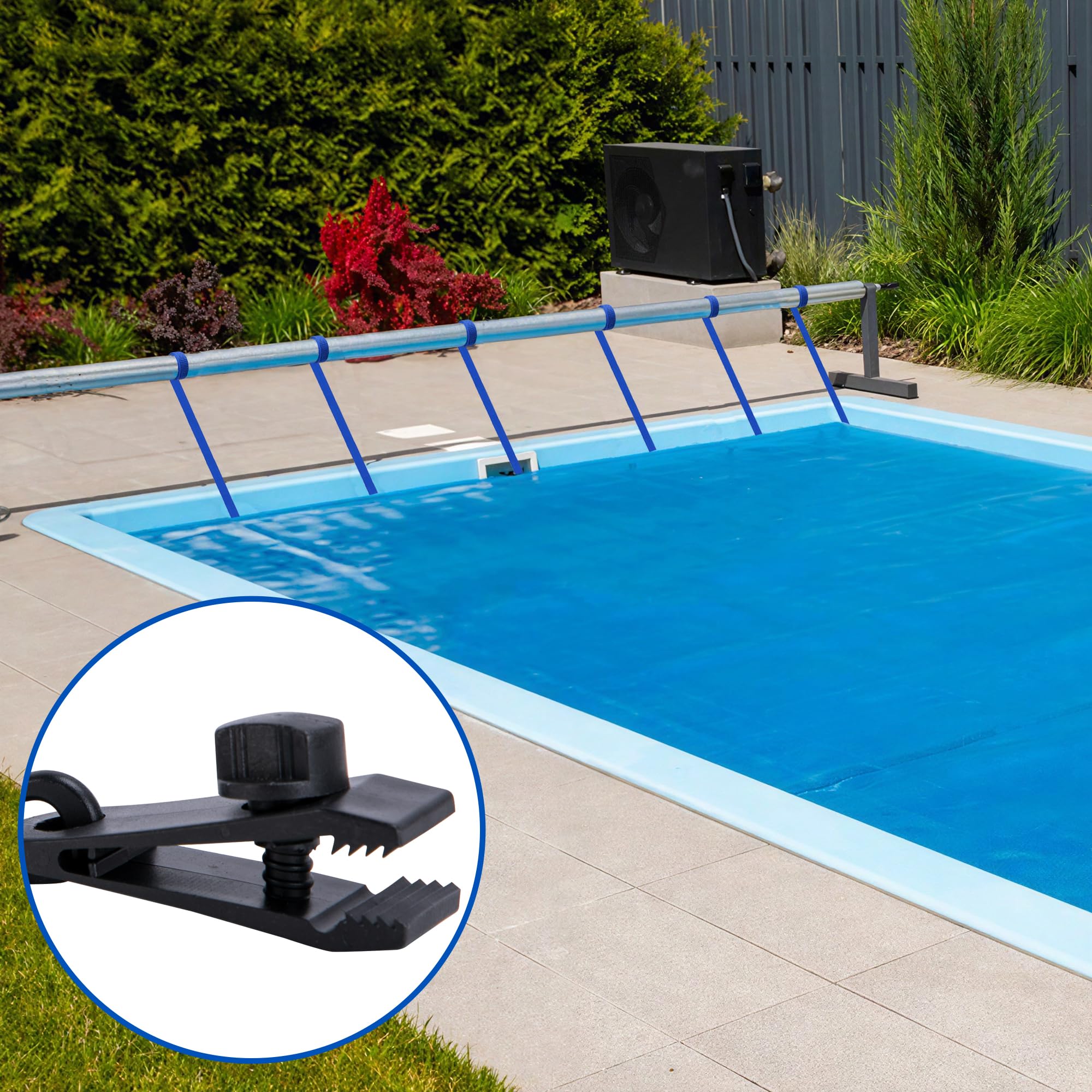 Enrouleur de piscine - Bandes de maintien - Lot de 8 bandes de fixation et pinces - Accessoires pour système d'enroulement mobile - Film solaire mobile pour bâches de piscine (bleu)