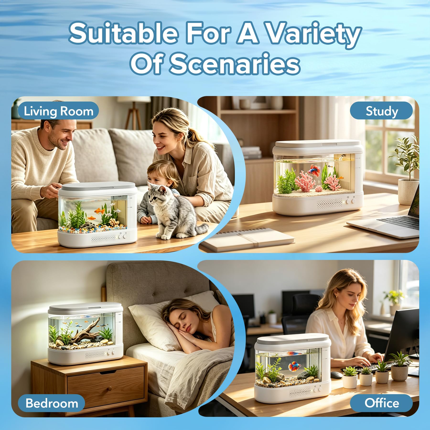 3,7L Acuario Pequeño Kit de Inicio,Blanco Aquario Acrílico con Sistema de Filtrado e Iluminación LED, Pecera Pequeña de Mesa para Peces Betta, Plantas y Gambas