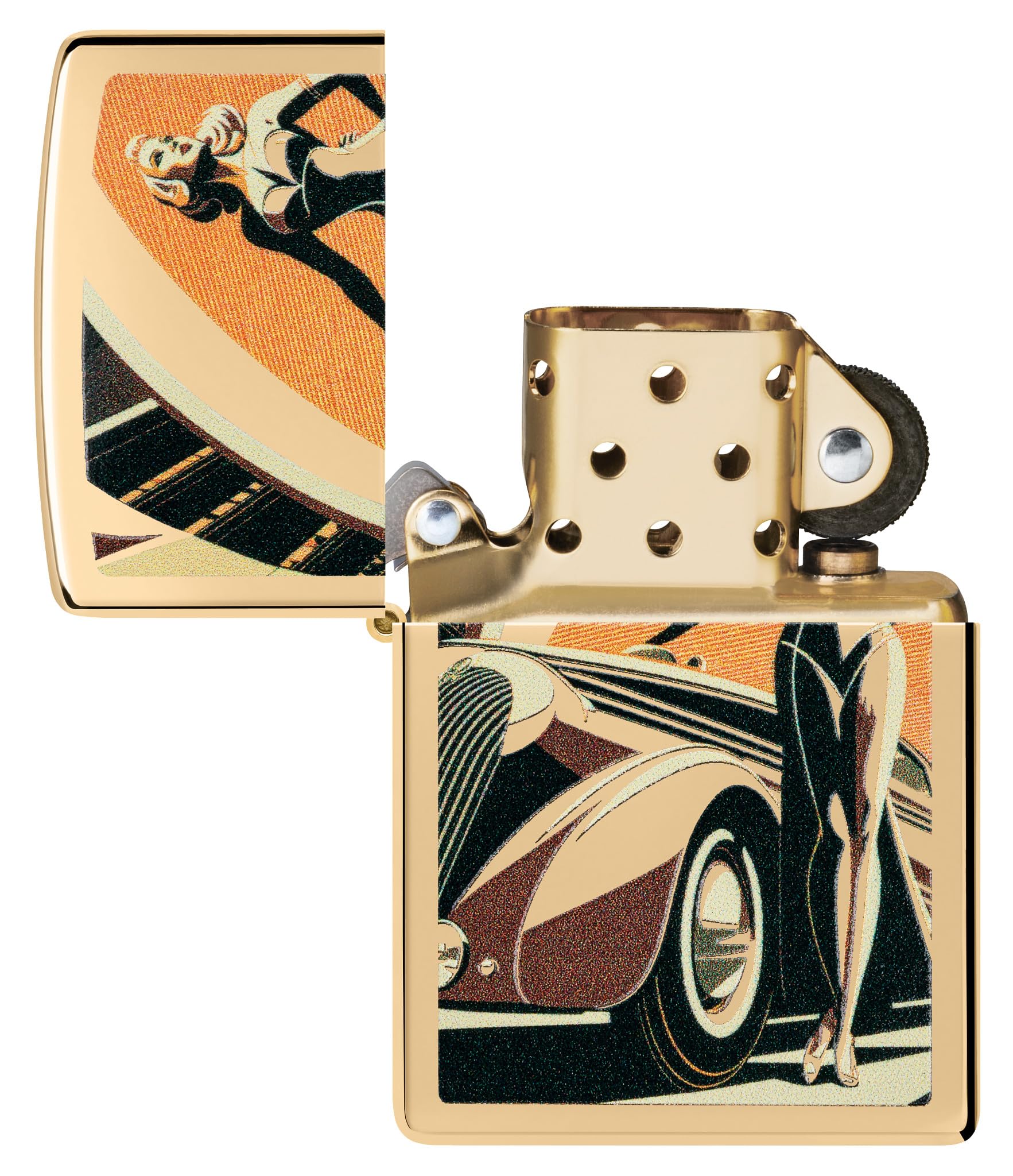 Zippo Sturmfeuerzeug - Vintage Car and Woman Design - Gold - High Polish Brass - Colour Image - Nachfüllbar - Windfest - Geschenkbox - Made in USA