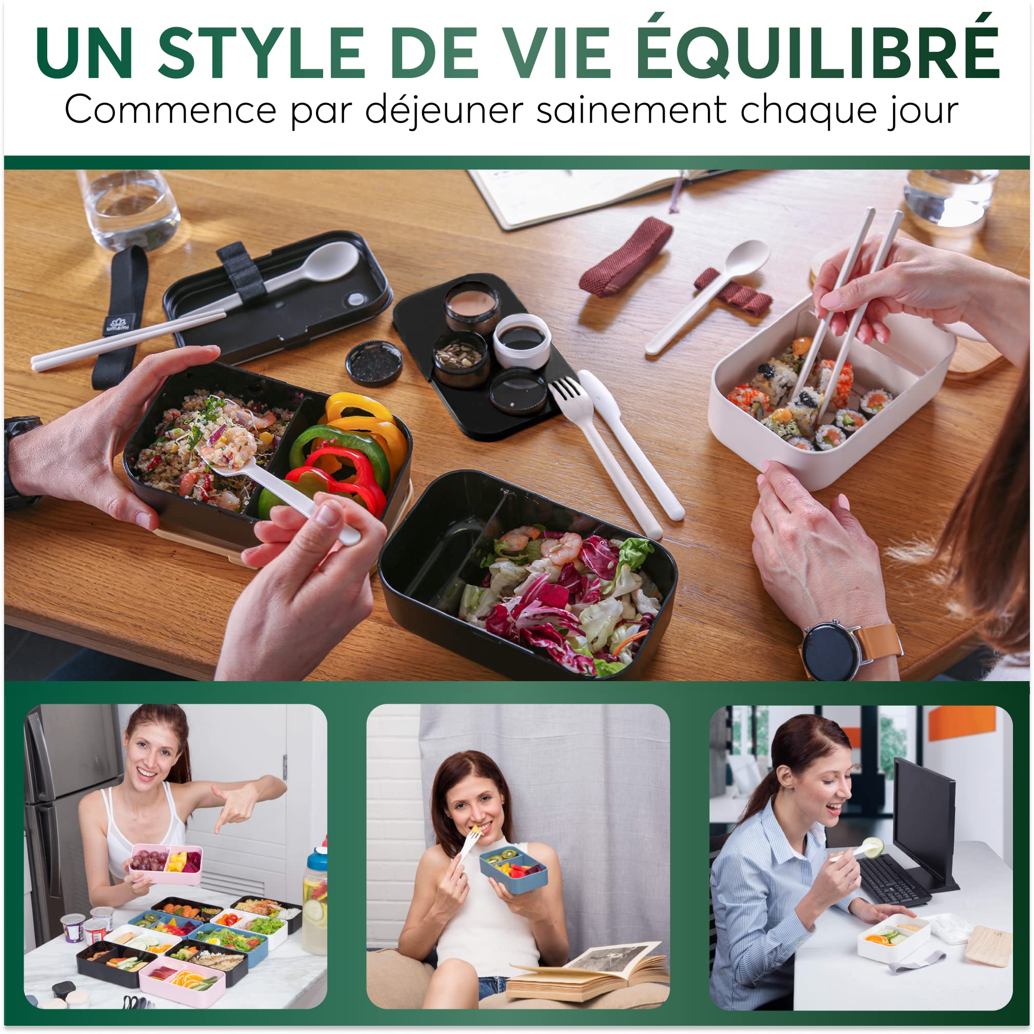 Umami Bento Lunch Box, 2 Pots à Sauce & Couverts en Bois Inclus, Lunchbox Micro-Ondable, Boîte à lunch Adulte, Boîte Repas Compartimentée, Boîte Bento Lunch Box, Bento Box