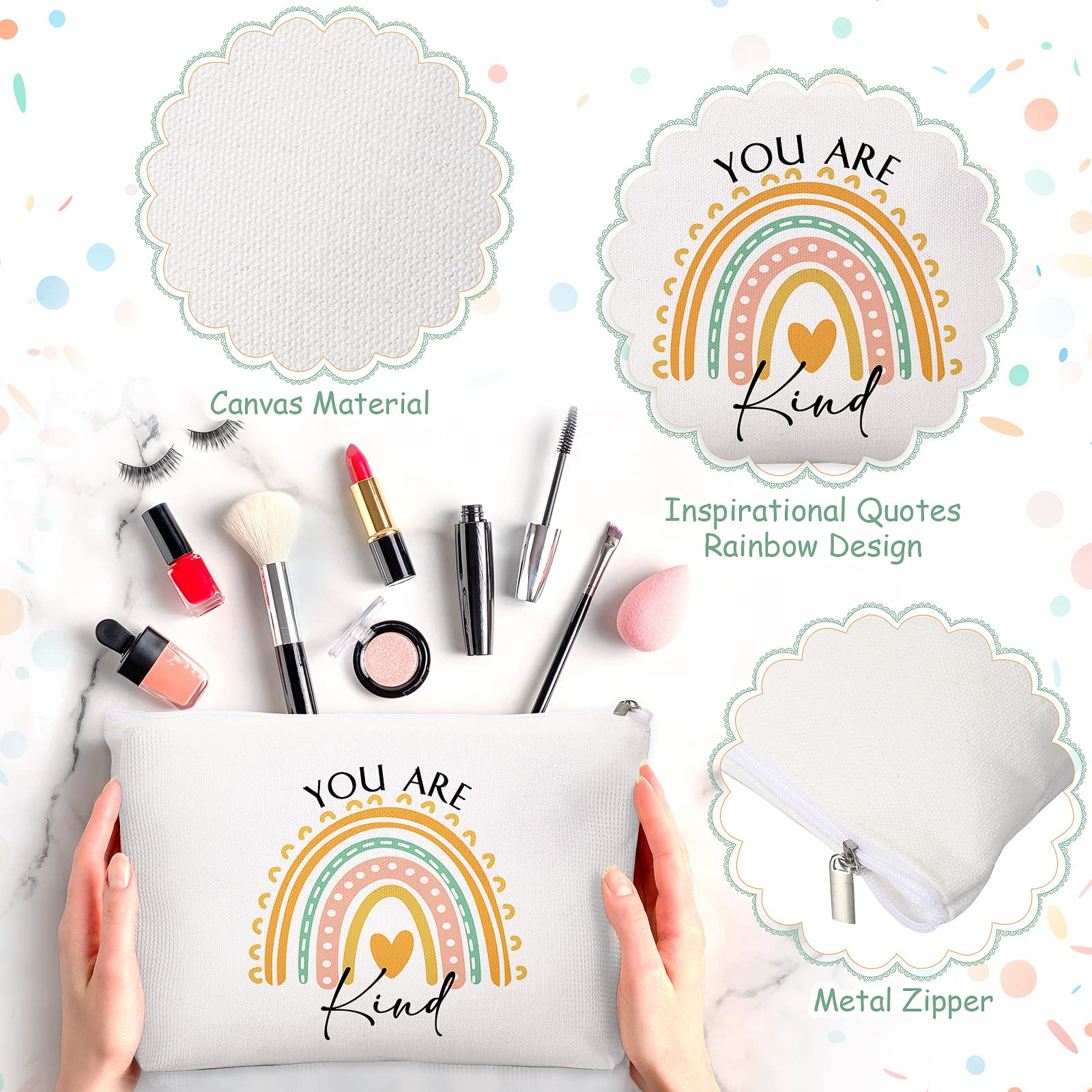 60 bolsas de maquillaje de lona con diseño de arco iris, bolsa inspiradora con cremallera, bolsa de cosméticos de arco iris, bolsa de viaje divertida bolsa de maquillaje de arco iris, bolsas de