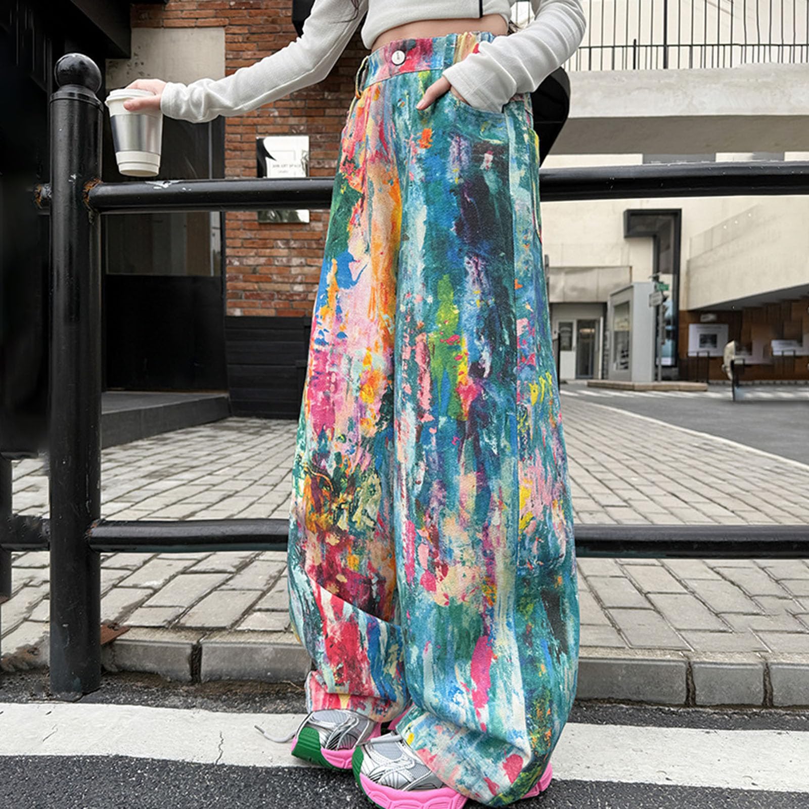 Pantalones Vaqueros Holgados para NiñAs, TeñIdo Tie-Dye Colorido Estilo, De Cintura Alta, De Pierna Ancha, Holgados, Estilo Streetwear, Vaqueros De Mezclilla, Ropa Hip Hop, para Adolescentes