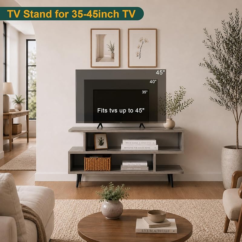 45 inch TV Stand, Mid Century Modern TV Stand, Entertainment Center with 3-Tier Open Storage Shelves, Media Cabinet TV Console for Living Room/Bedroom/Sofa Cabinet, Small Space - Light Grey image 3