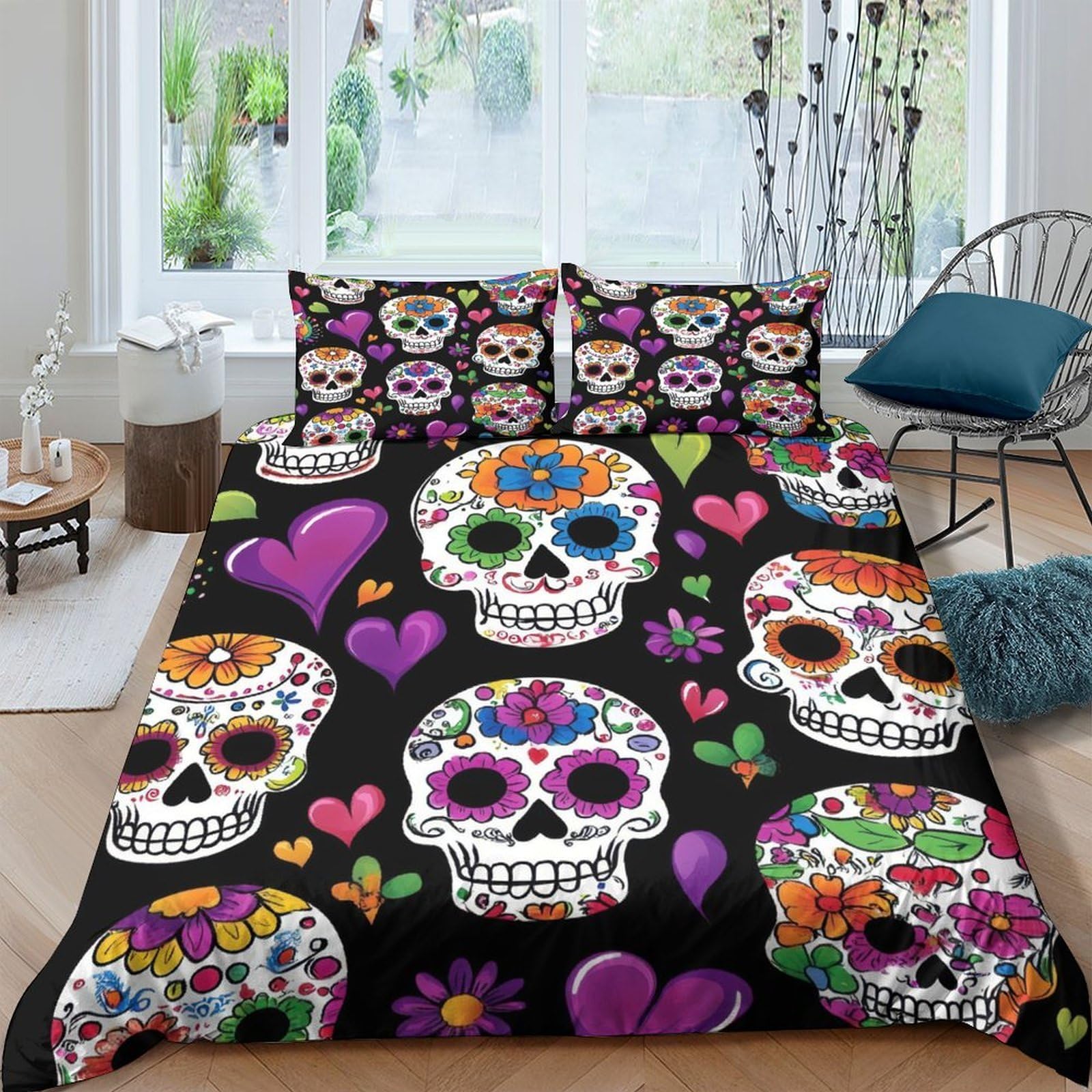 Ctjqhvkz Style-4 3D Printed Colorful Sugar Skull Fitted Sheet Microfiber Soft Breathable Heart Art Bed Cover For Bedroom Guestroom Decor Single（135X200cm）