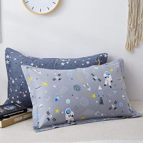 Miniatura 7 de Brandream Juego de ropa de cama de astronauta del espacio exterior para niños, tamaño individual, color gris, 100% algodón, cierre de cremallera