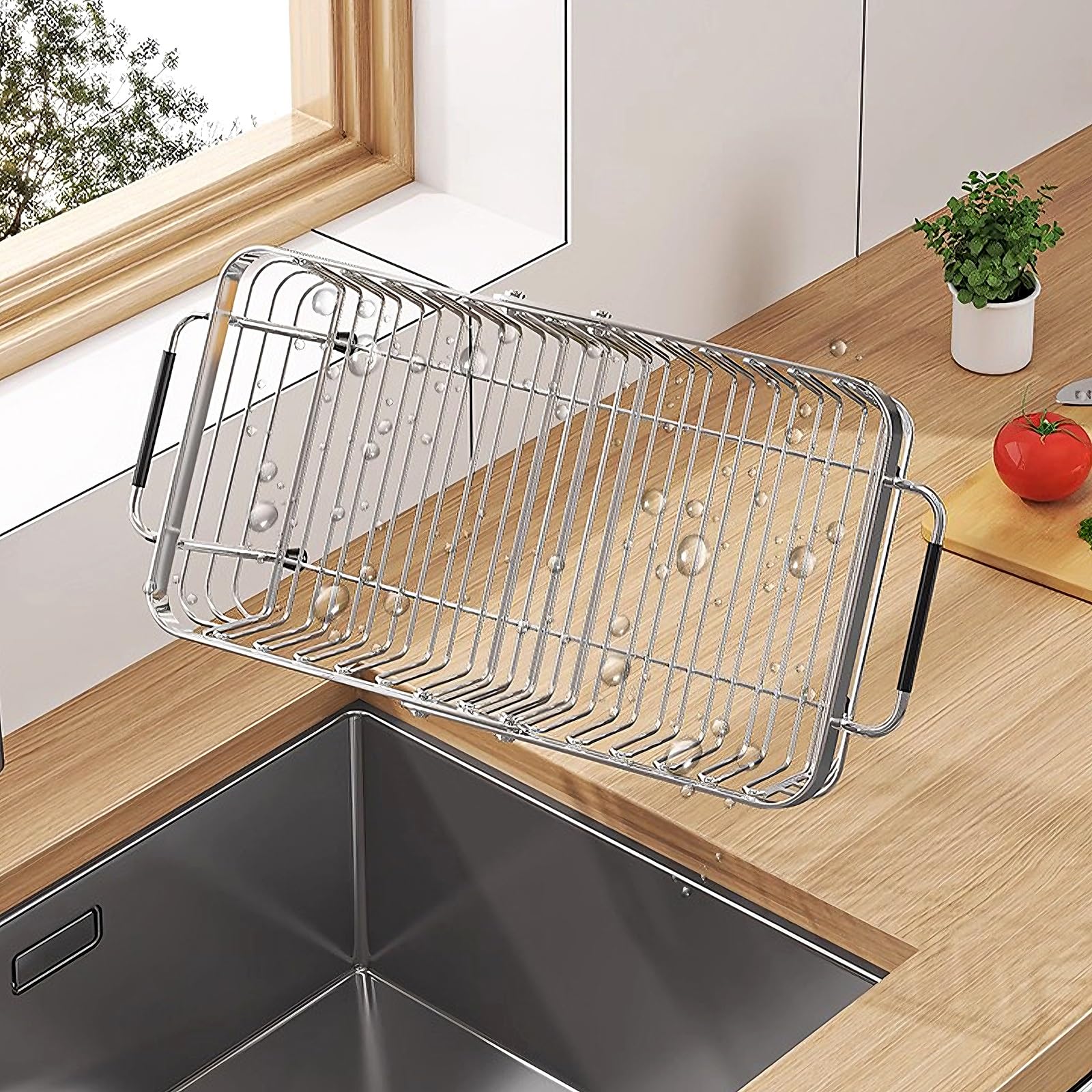 Abtropfgestell Geschirr Klein mit Rutschfestem Griff Ausziehbares Abtropfgitter für Die Innenspüle Geschirrabtropfgestell Edelstahl für Zuhause und Wohnung