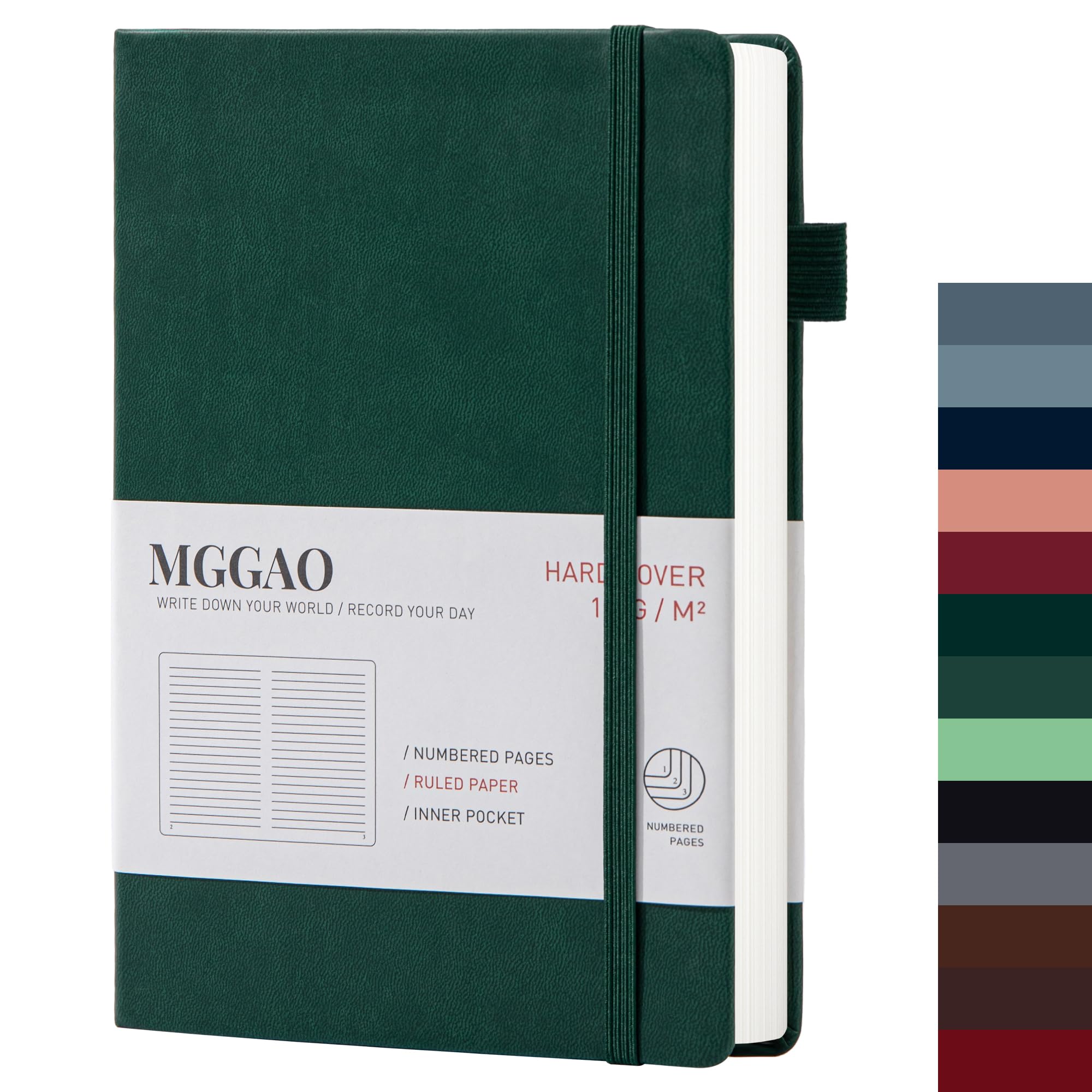 MGGAO A5 Ruled Journal 100 GMS Lined Thick Paper with 188 Numbered Pages Premium Leather Hardcover Notebook for Personal Writing Study Office Travel Recording (Green,Ruled)