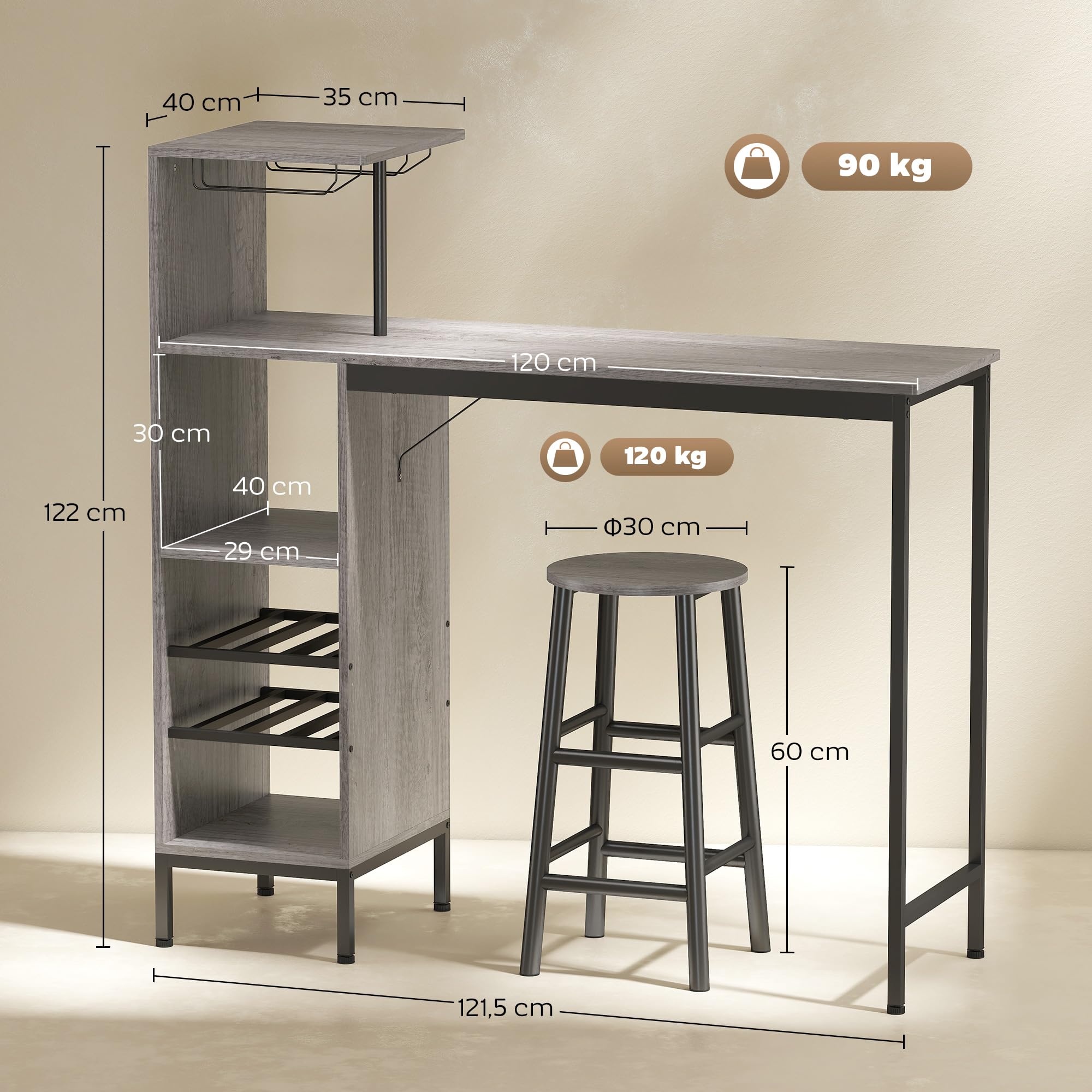 HOMCOM Ensemble Table de Bar avec Tabourets 2 Chaises Effet Bois Naturel | Table à Manger Debout, Chaises Rondes avec Repose-Pieds, Étagères de Rangement, Casiers à Vin, Porte-Verres