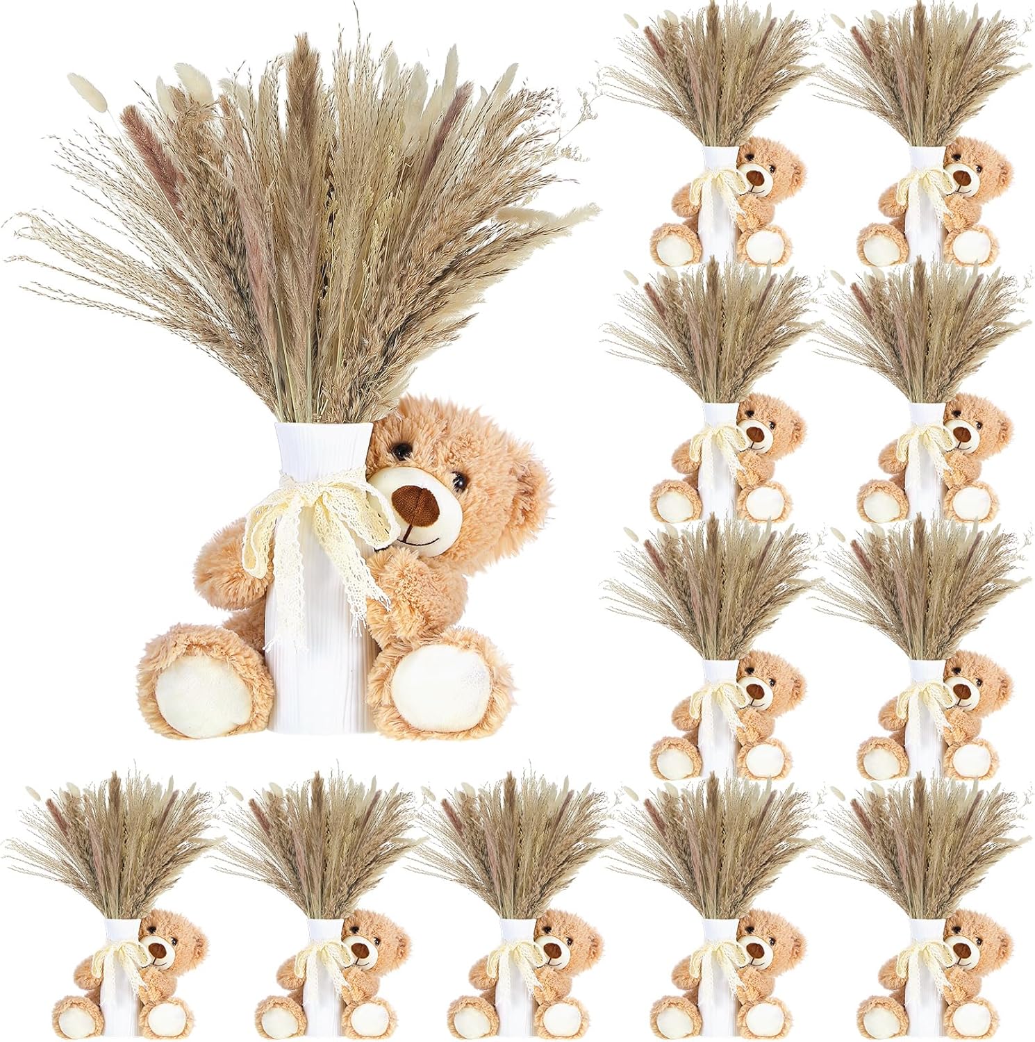 Canlierr 12 Sets 196 Pcs Baby Shower Table Centerpieces Decoration Baby Shower Table Decor with Bear Stuffed Vase Dried Pampas for Boho Wedding Gender Reveal Party Decoration (Glass,Boho)
