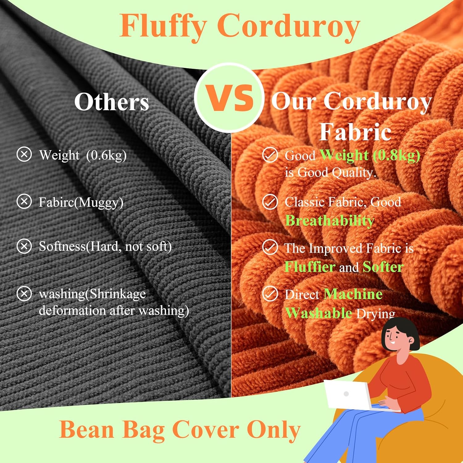 Stuffed Animal Storage Bean Bag Cover (No Filler), Corduroy Kids & Toddler Bean Bag Chair for Teens & Adults, Toy Storage Organizer, Comfy Sofa for Playroom (Cover Only)