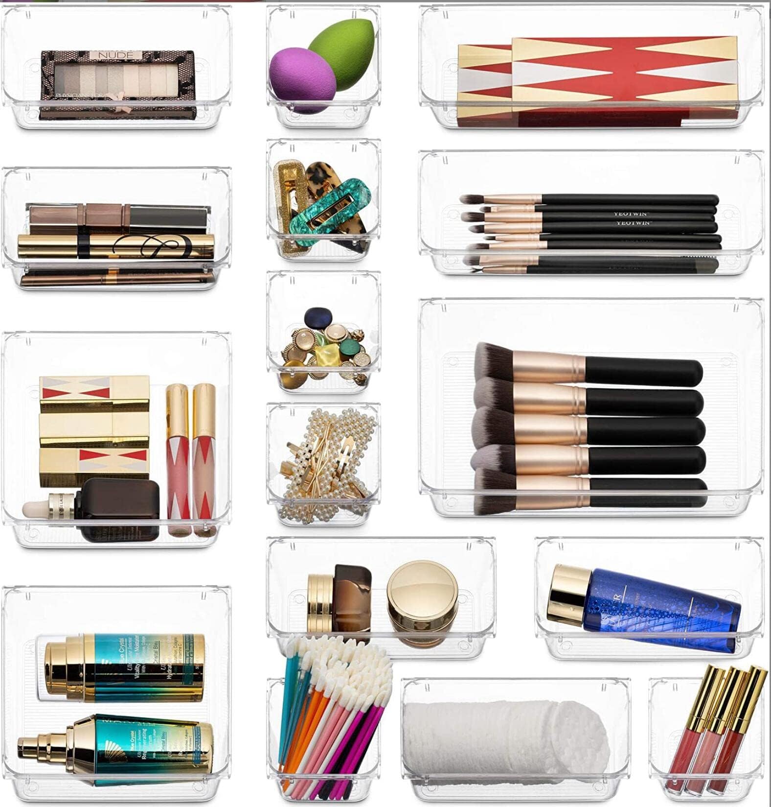 16 Stücke Schubladen Ordnungssystem, Organizer Ordnungssystem mit 5 Schublade Größen, Antirutsch Transparent Divider Make-up Organizer für Küche Badezimmer Kosmetik (Transparent)