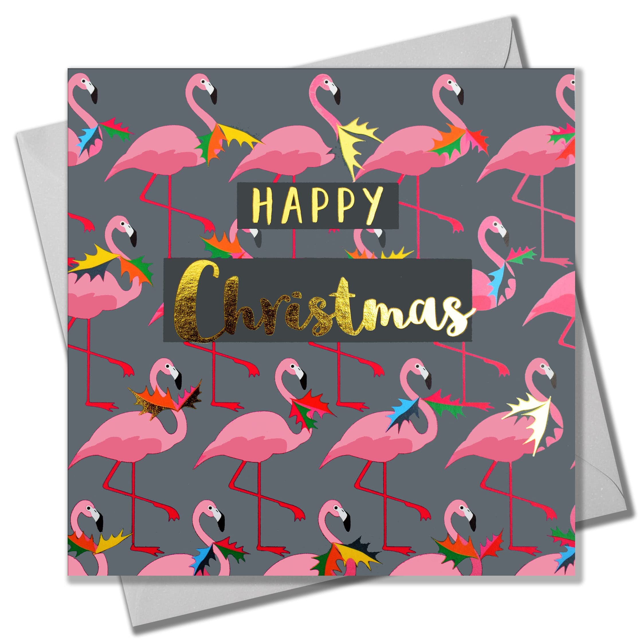 Claire Giles Greeting Cards, Happy Christmas Card, Flamingo's and Holly design xmas Greeting Card, Text Foiled in Shiny Gold