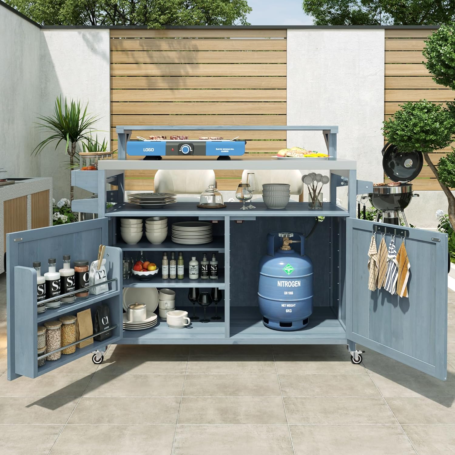 Unique 53.3" Outdoor Kitchen Island with Raised Shelf,Solid Wood Storage Cabinet with Stainless Steel Top,Rolling Grill Cart with Internal Storage Rack, Adjustable Shelf, Spice Rack (Grey Blue#e)