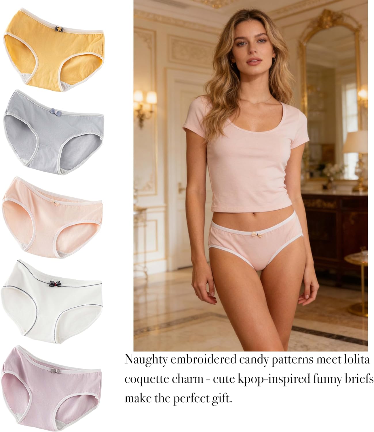 Plus Size Cute Cotton Womens Underwear for Women 5 Packs Panties Kawaii Flower Bow Solid Color Japanese-Style