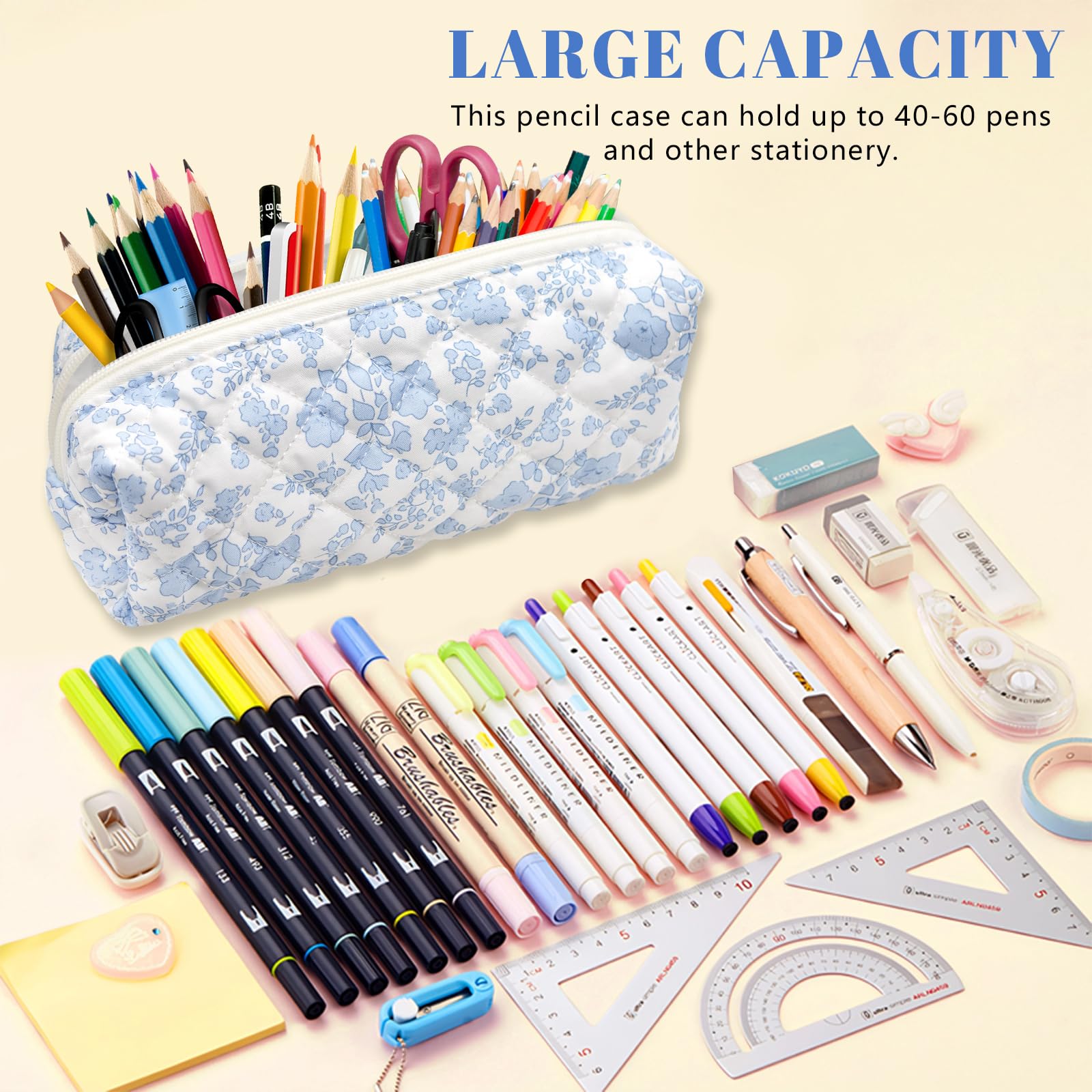 LJCZKA Floral Pencil Case for Girls Women Small Flower Pencil Pouch, Cotton Quilted Makeup Bags for School College Travel - Image 4
