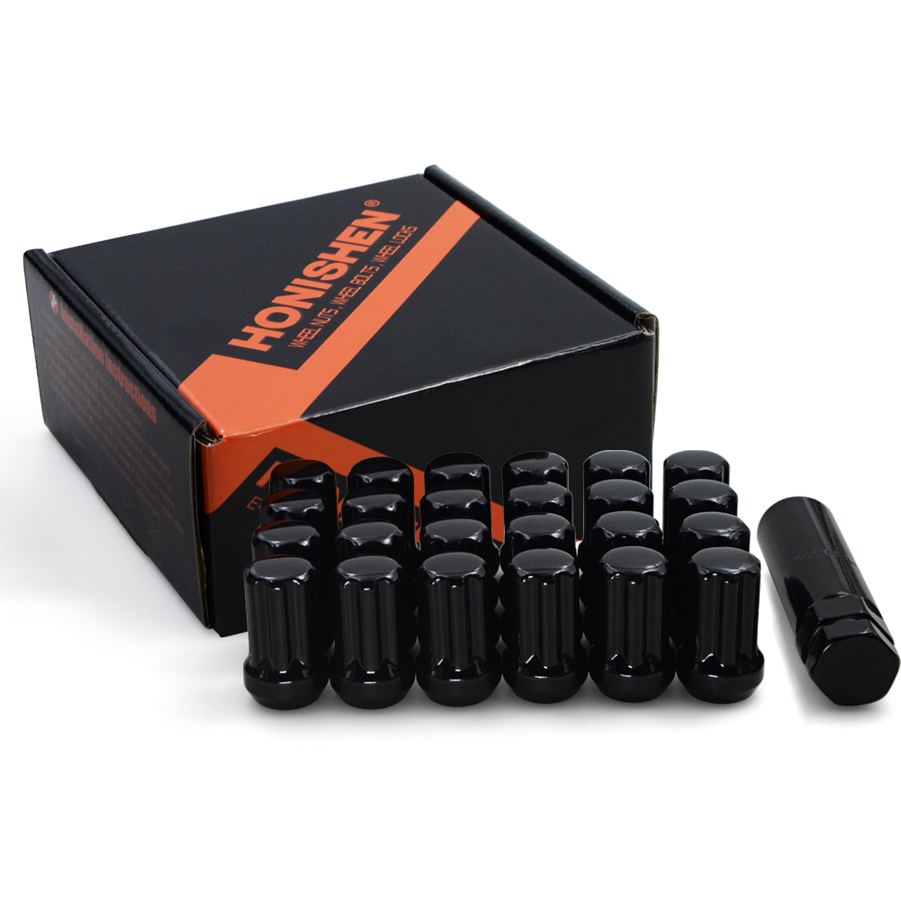 Image of 24 Pcs M14x1.5 Thread Short Truck 1.50 inch Long Lug Nuts Black 7 Spline Fits Jeep Wagoneer Grand Wagoneer 2019+ Ram 1500