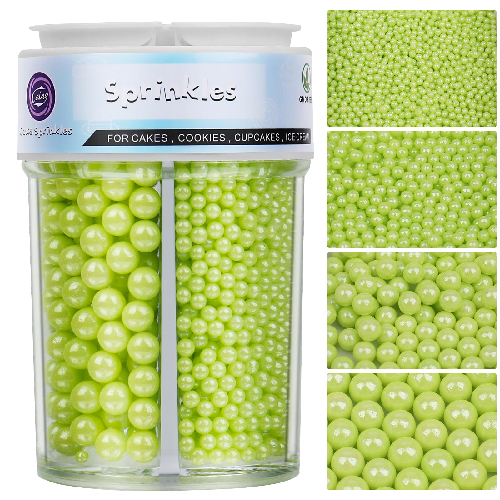 Sprinkles for Cake Decorating, Green Pearl Sprinkles 4 Sizes Mix for Cake Cupcake Cookie Baking Donuts Ice Cream Toppings