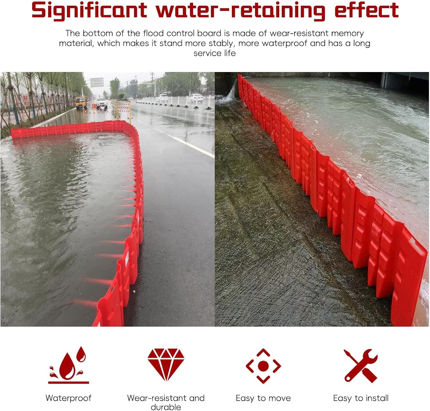 L-Shaped Flood Barrier Kit for Home & Garage Protection, Easy Snap-Together Installation, Durable Plastic Flood Defense Solution, Flood Prevention Accessory,Red,21pcs