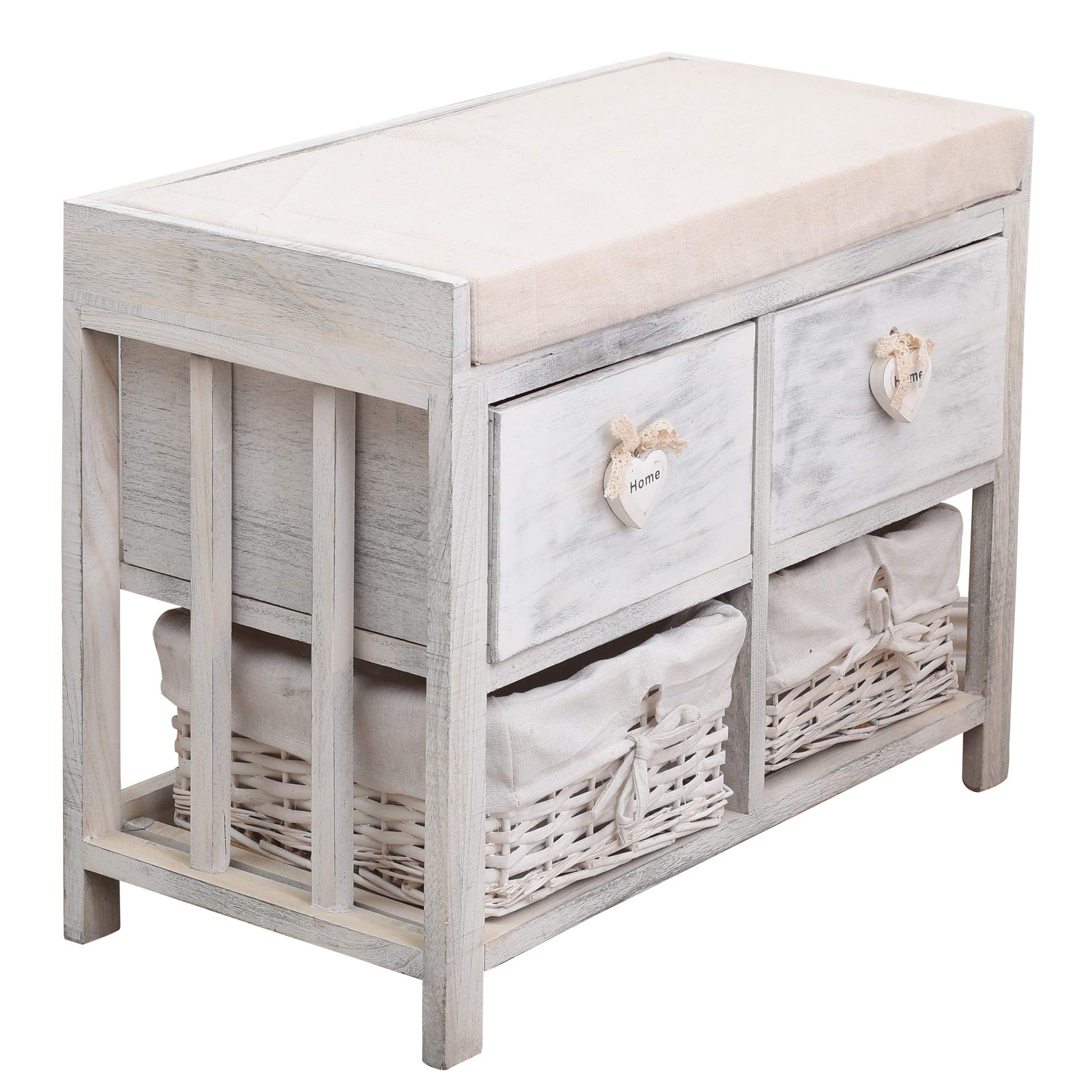 Rebecca Mobili Panchina contenitore di legno, seduta imbottita 2 cassetti e 2 ceste vimini, bianco, stile vintage, arredo camera bagno - Misure: 46 x 60 x30 cm (HxLxP) - Art. RE4553