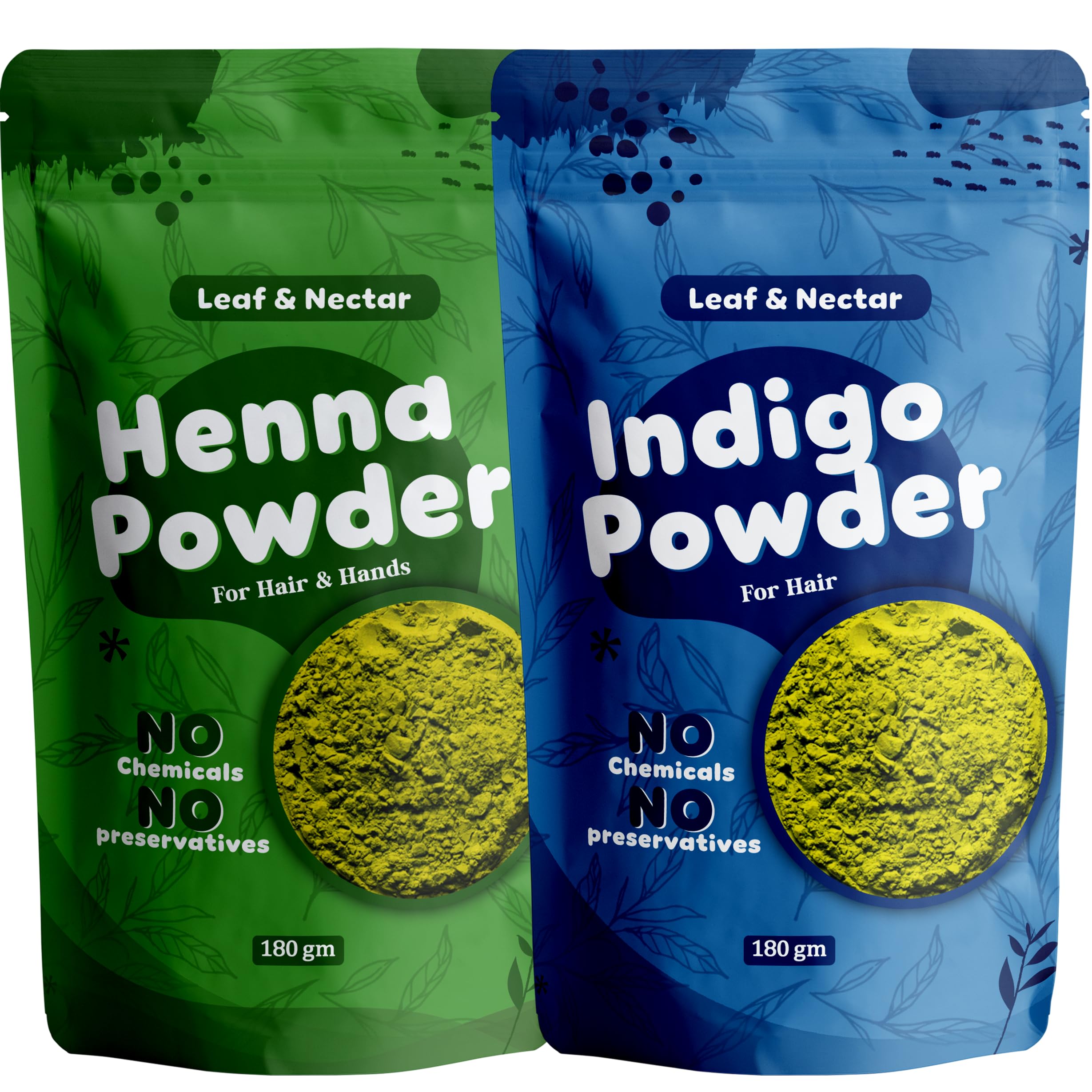 Leaf & Nectar Natural Hair Dye Combo – Henna + Indigo Powder | 100% Pure & Chemical-Free | (180g + 180g = 360gm Total)