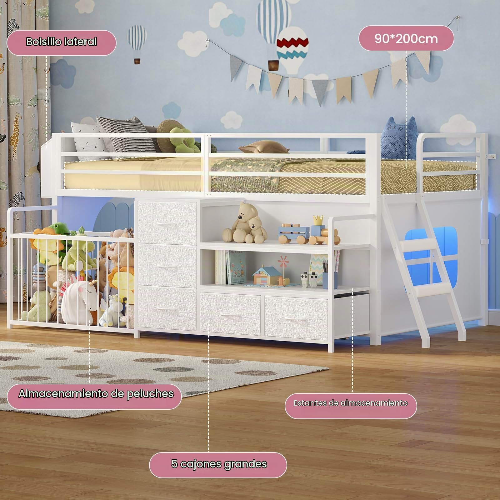 Cama Alta Infantil con Estantería Abierta & Baúl para Juguetes,Cama para Niños con 5 Cajones,Iluminación LED RGB Integrada, Barrera de Seguridad de 13" de Alto,Zona de Juegos debajo de la Cama,Blanco