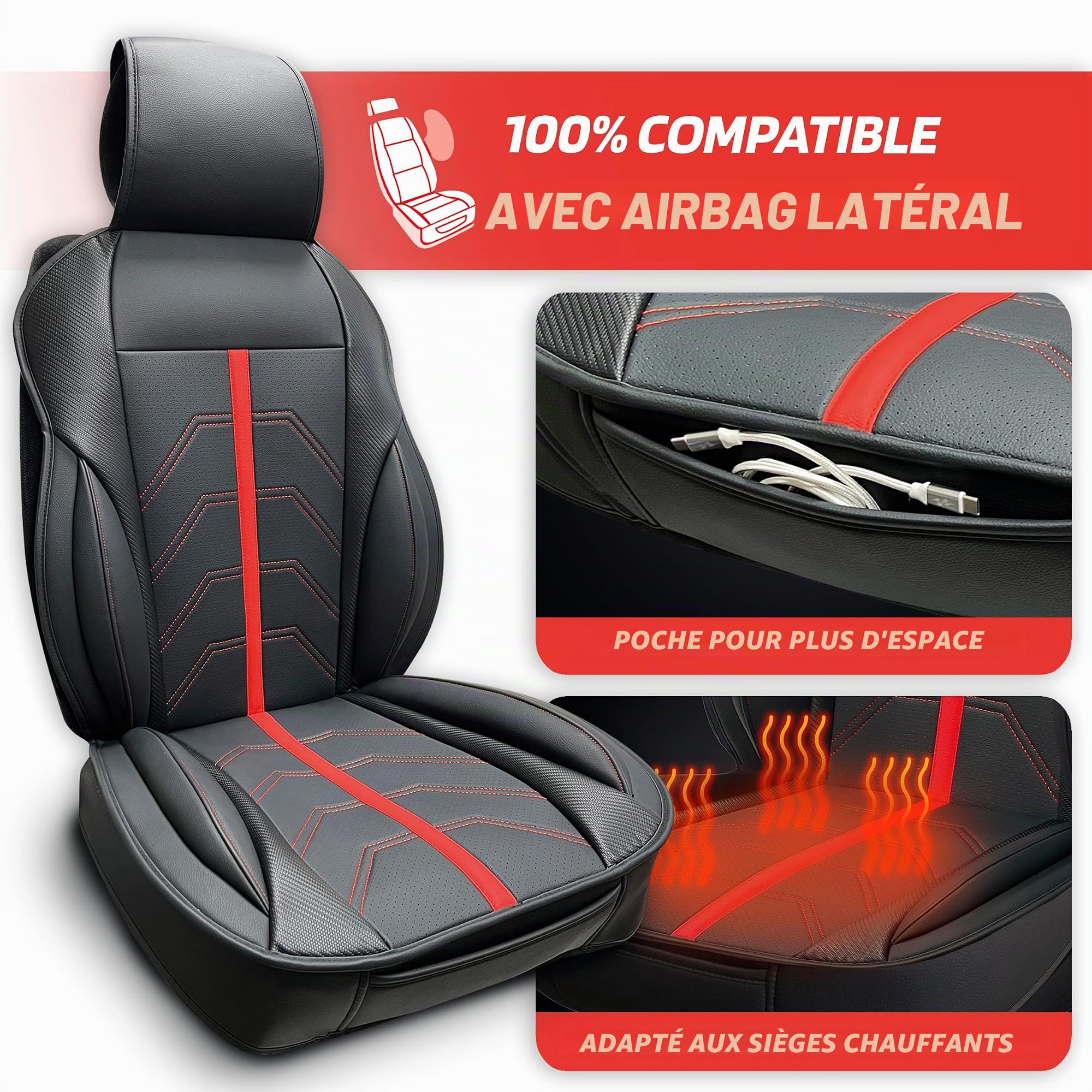 S SUMEX Dossier de siège de Voiture modèle Potenza Noir et Rouge Housse de Sport Universelle imperméable en Cuir synthétique