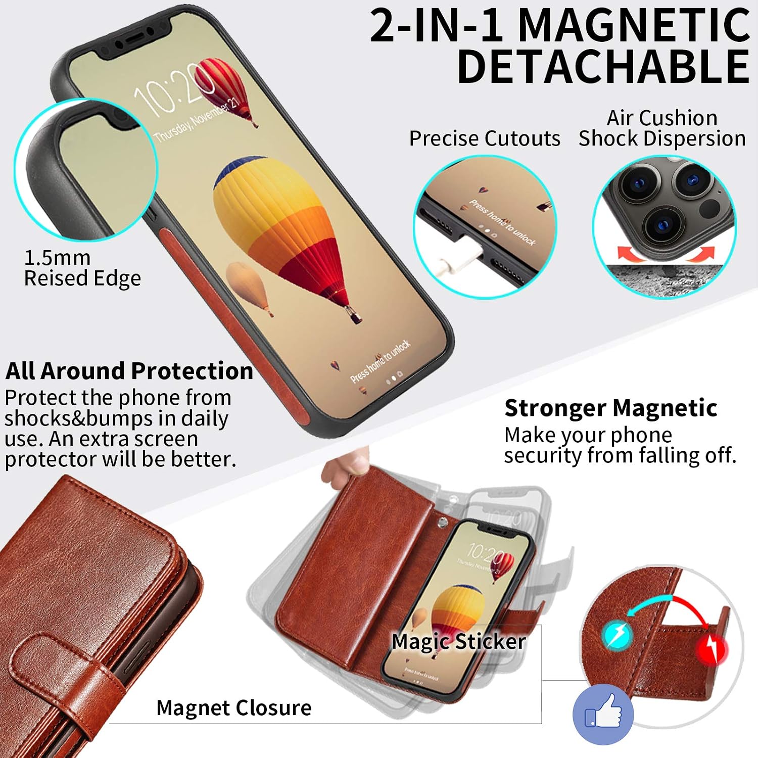 CASEOWL iPhone 13 Pro Max Case Wallet for Women Men, [Support Magsafe Wireless Charging] Magnetic Detachable Folio Flip Leather Phone Wallet Case with Card Holder RFID Blocking, Wrist Strap(Brown)