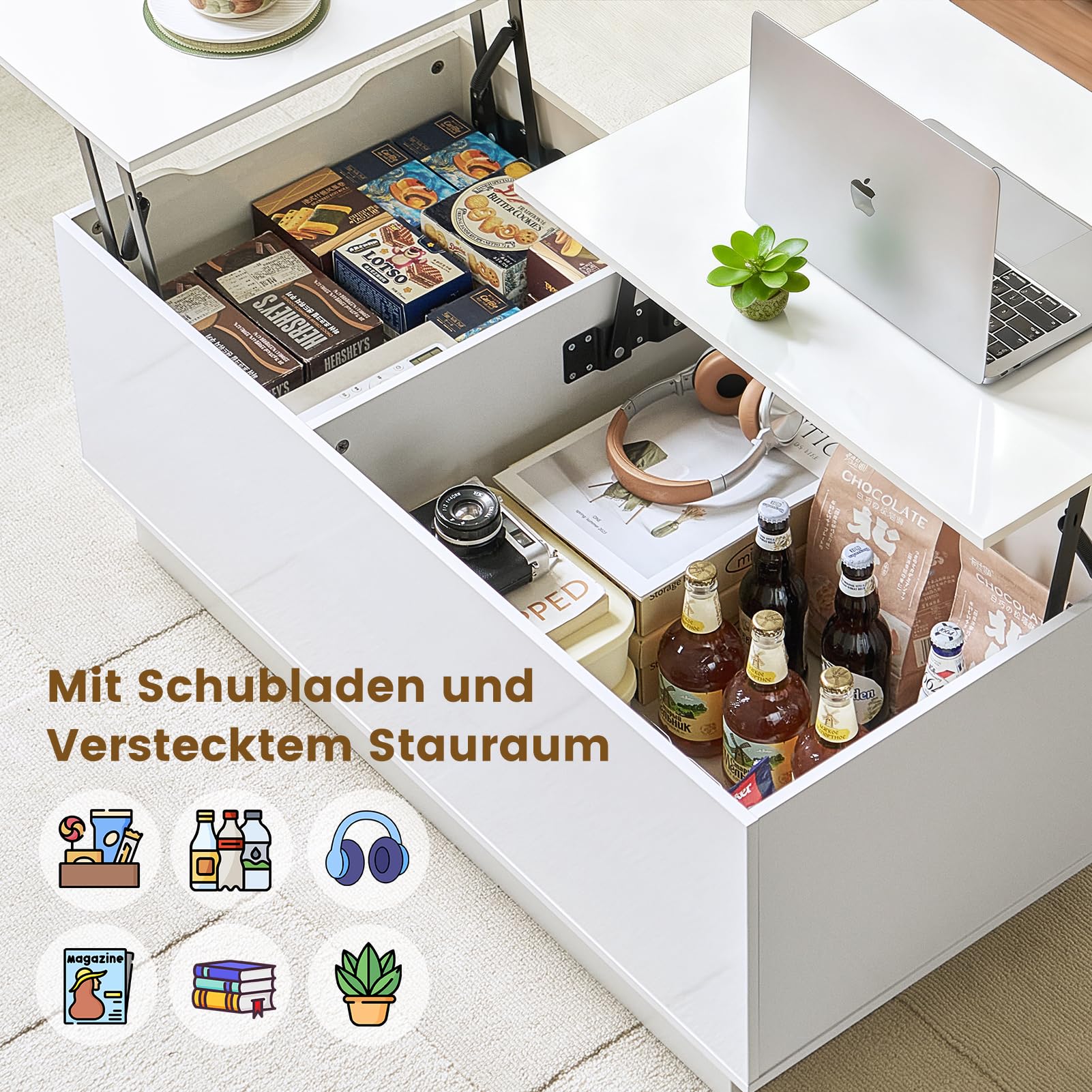 Couchtisch Höhenverstellbar, Wohnzimmertisch Hochglanz mit Verstecktem Stauraum und Schubladen Modern, Couchtisch Hochglanz mit Hebeplatte, 100 x 50 x 40 cm, Weiß