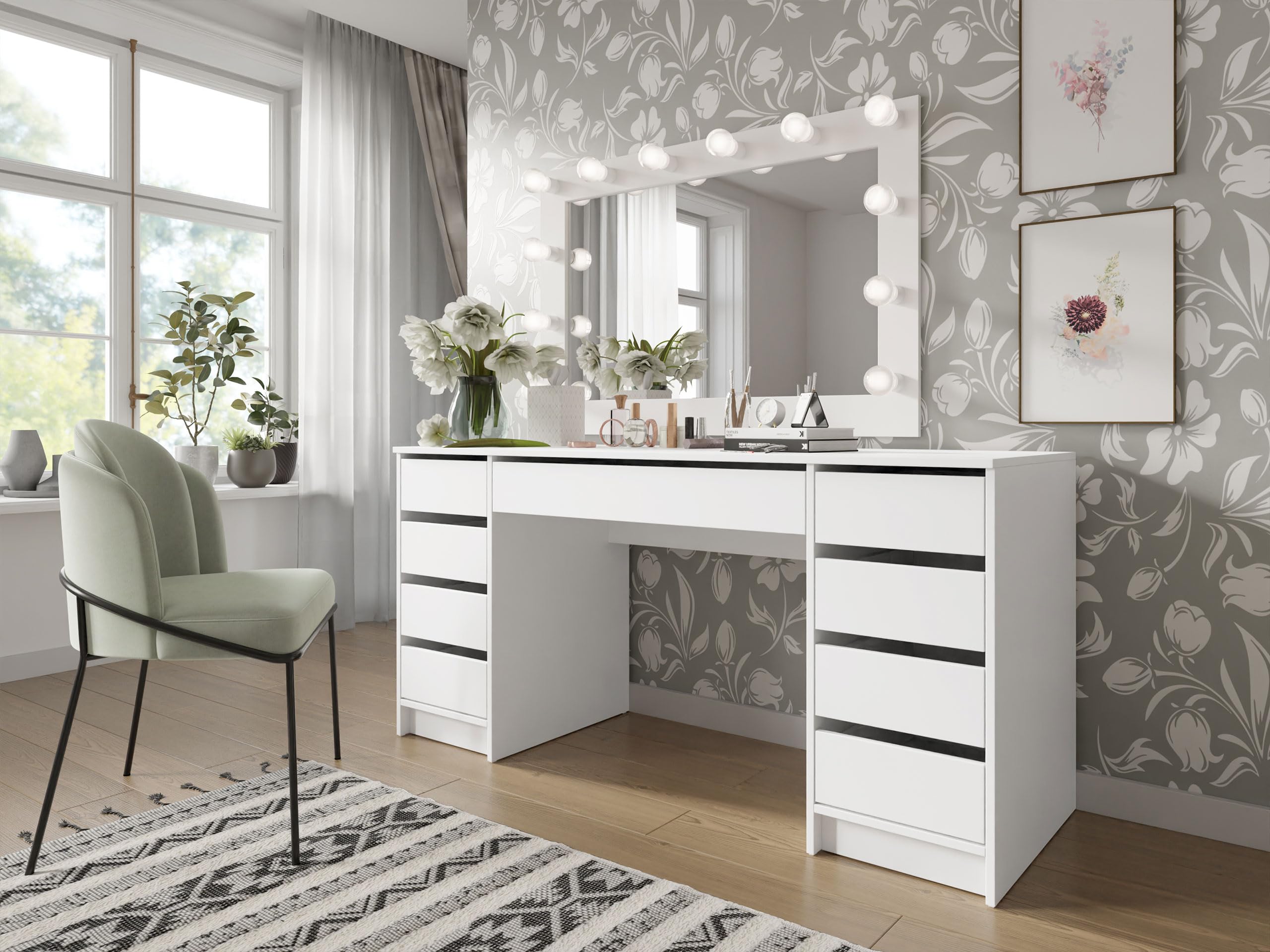 Mirjan24 Schreibtisch Ada Bis, 9 Schubladen Schülerschreibtisch Computertisch B:H:T 154x76x55cm, Kinderschreibtisch Arbeitstisch PC-Tisch Jugendzimmer Kinderzimmer (Weiß)