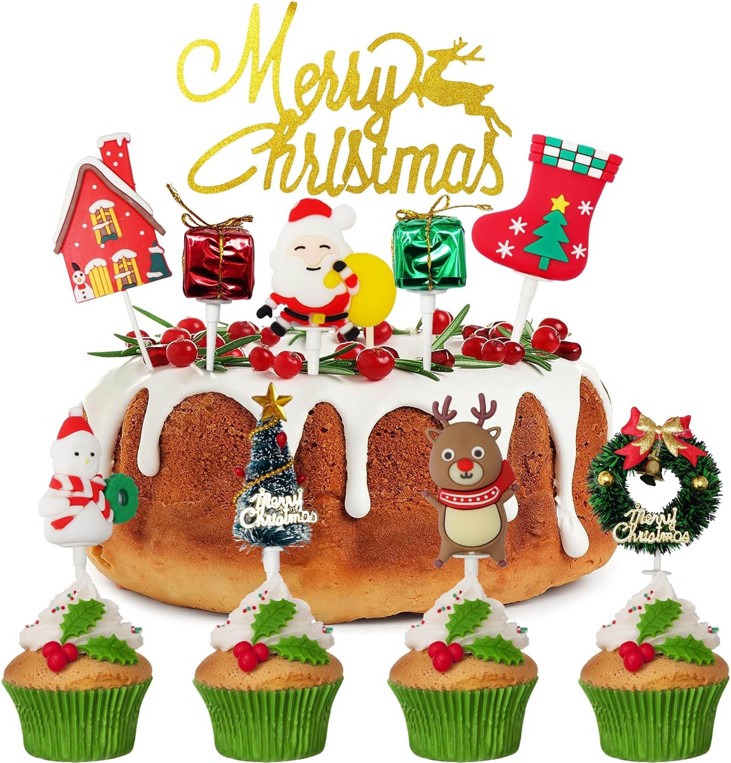 Christmas Cake Decorations, 10PCS Christmas Cake Decorations with Santa