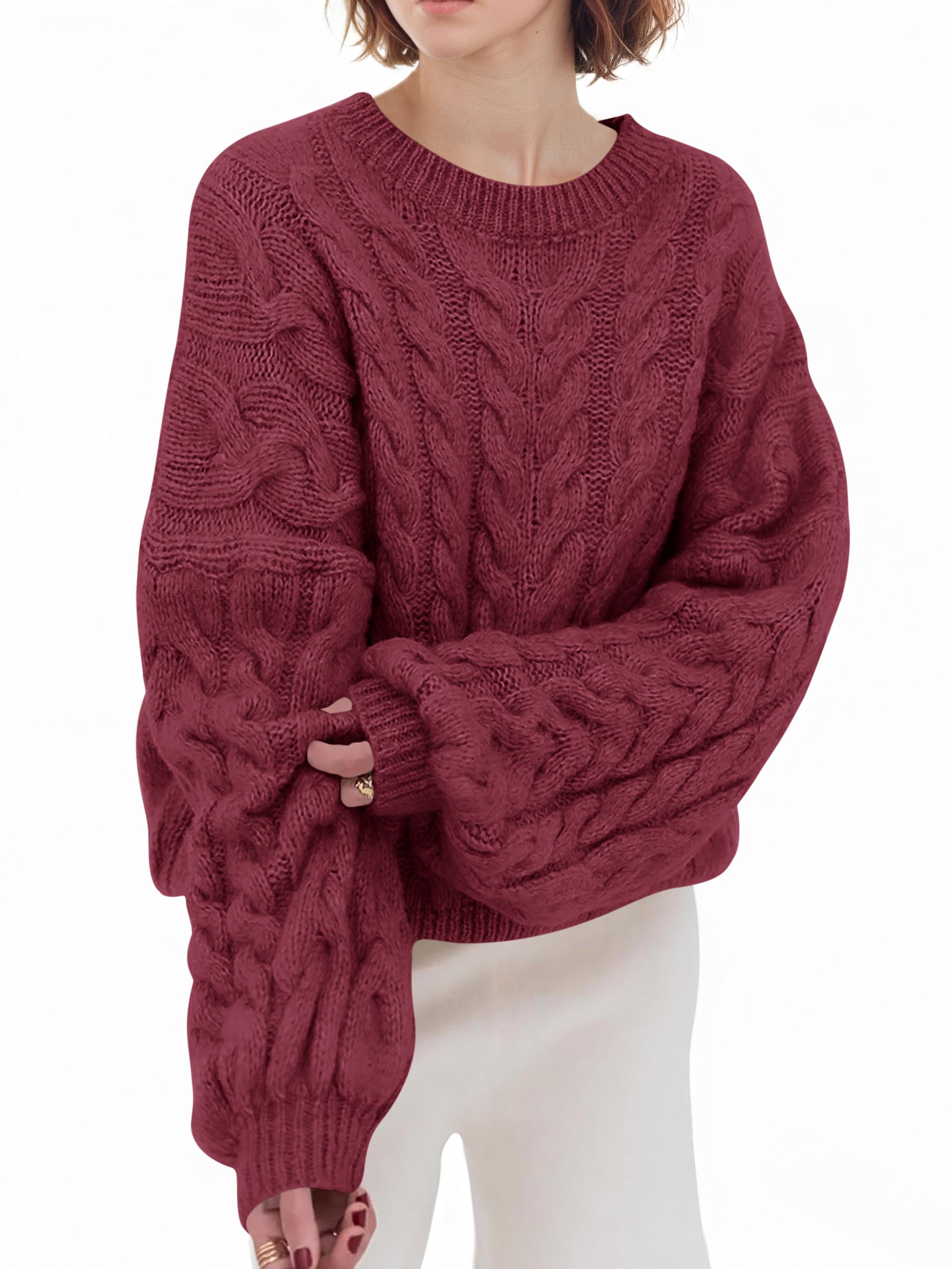 Saodimallsu Pullover Damen Oversized Rundhals Strickpullover Langarm Zopfmuster Grobstrick Pulli Tops Einfarbig Casual Winter Oberteile