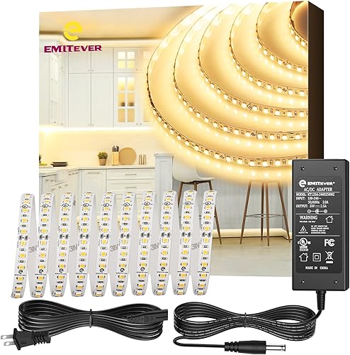 EMITEVER Tira de luces LED de 3000 K, luz de cinta LED UL 24 V blanca cálida, Ra 95+, IP30, 16.4 pies, 2.9 Wpies, 240 lúmenespies, 600 LEDScarrete,
