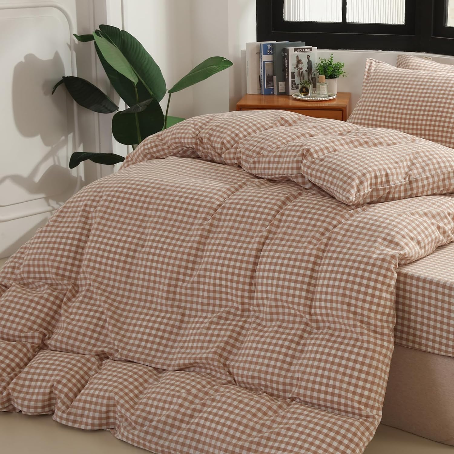 MorroMorn Tan Gingham Duvet Cover Set 100% Washed Cotton Linen Like Soft, 3-Pieces Bedding Sets Comforter Cover & 2 Pillowcases - Breathable Comfy Brown Vintage Plaid Checkered Fall (Queen 90"x90")