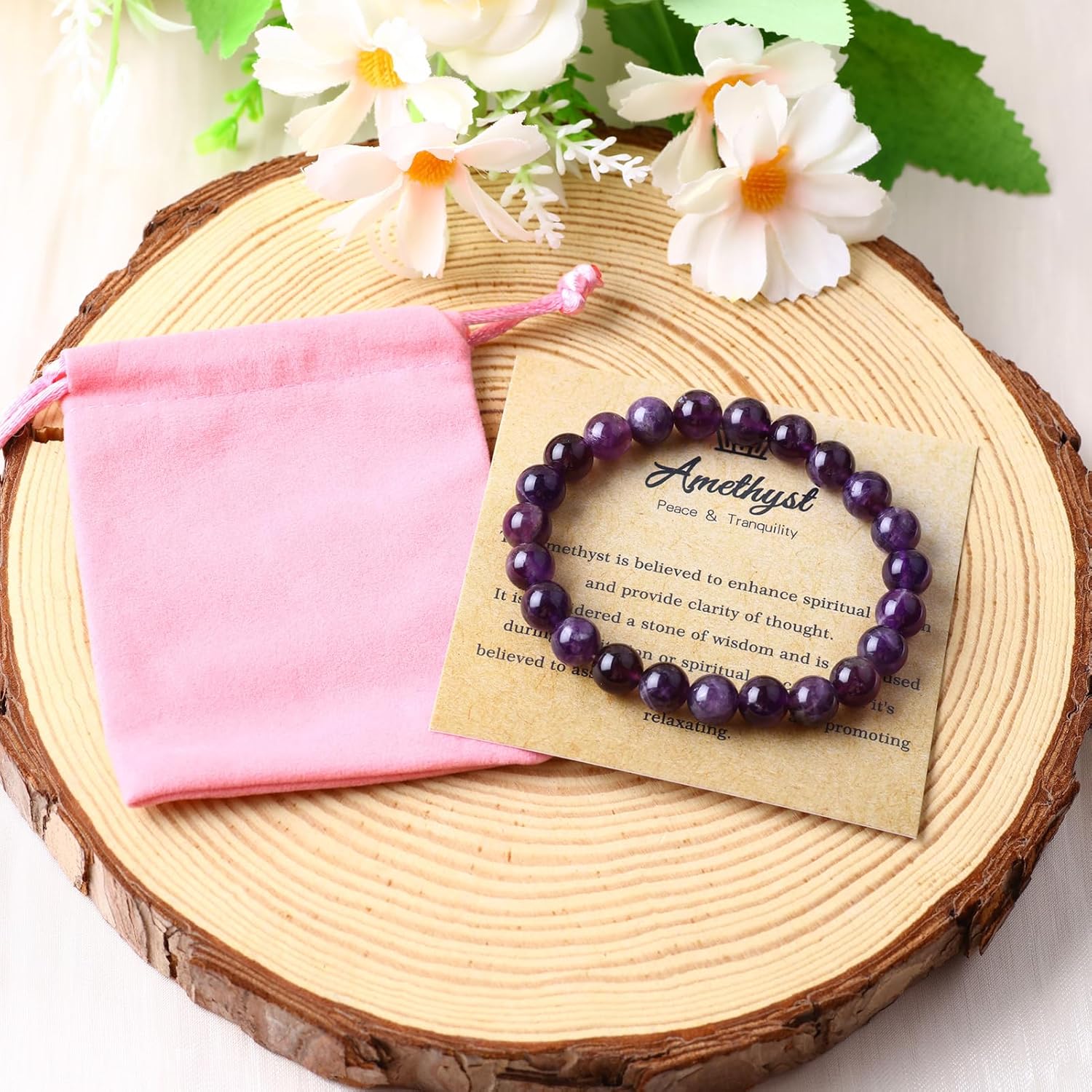 8MM Natural Rose Quartz Amethyst Crystal Bracelet Round Beads Stone Gemstones Beaded Stretch Bracelet for Anxiety Postive Energy 7.5" (1 Pc) - Image 7