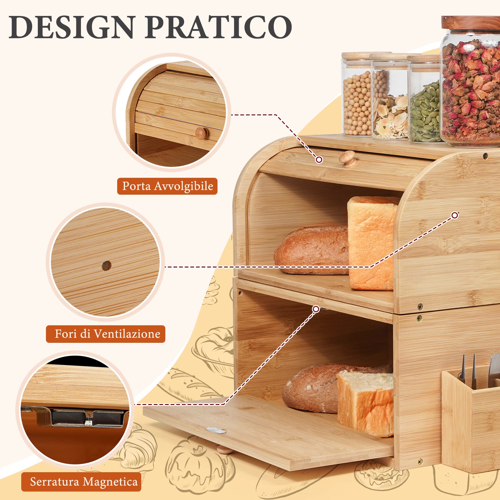 Portapane In Legno Con Finestra - Contenitore Pane Vintage, Cassetta 36,5x23,5x22 Cm Nero - Foto 3