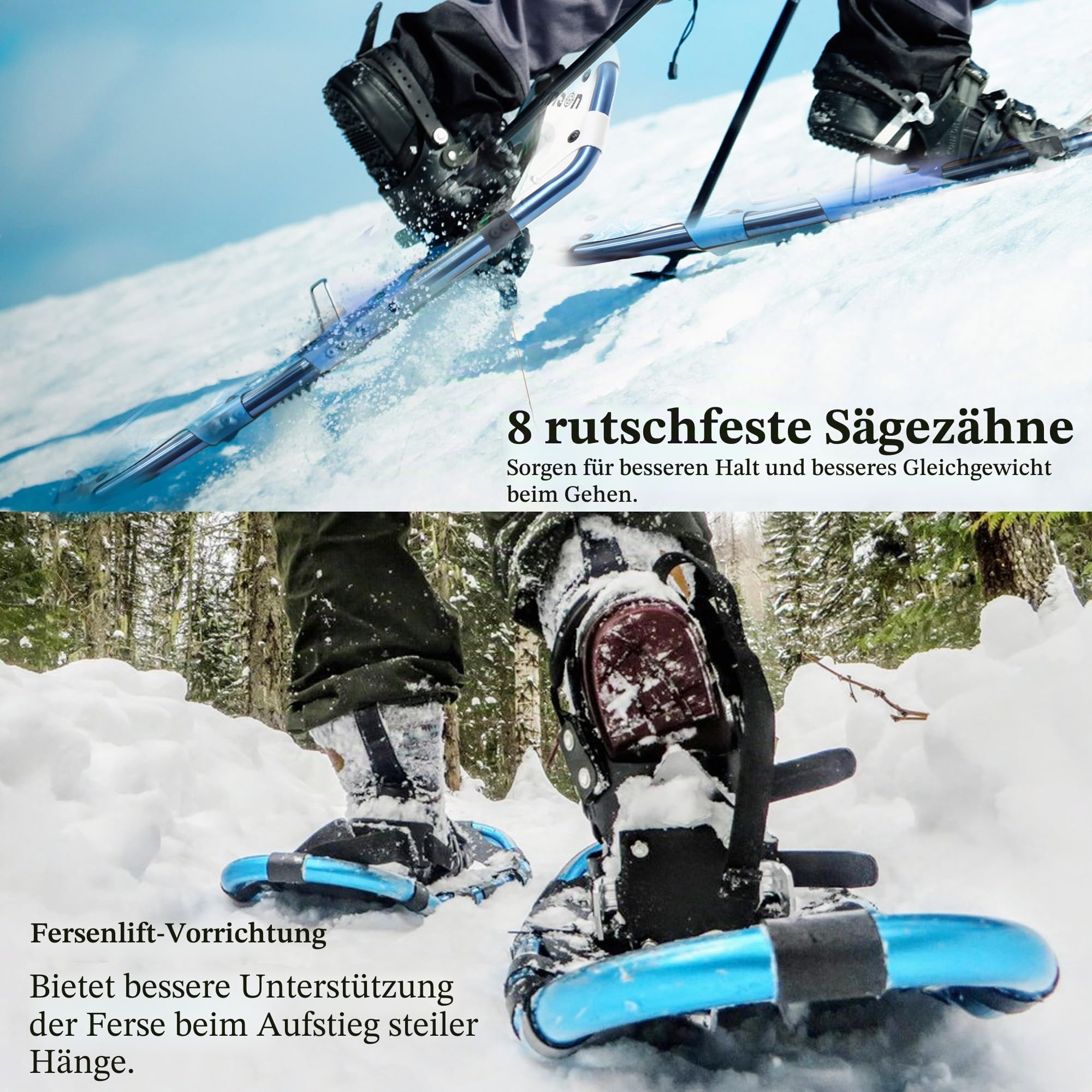 KinZon 3-in-1-Schneeschuhe, leicht und robust, mit Trekkingstöcken und Tragetasche, Fersenerhöhung, perfekt zum Wandern