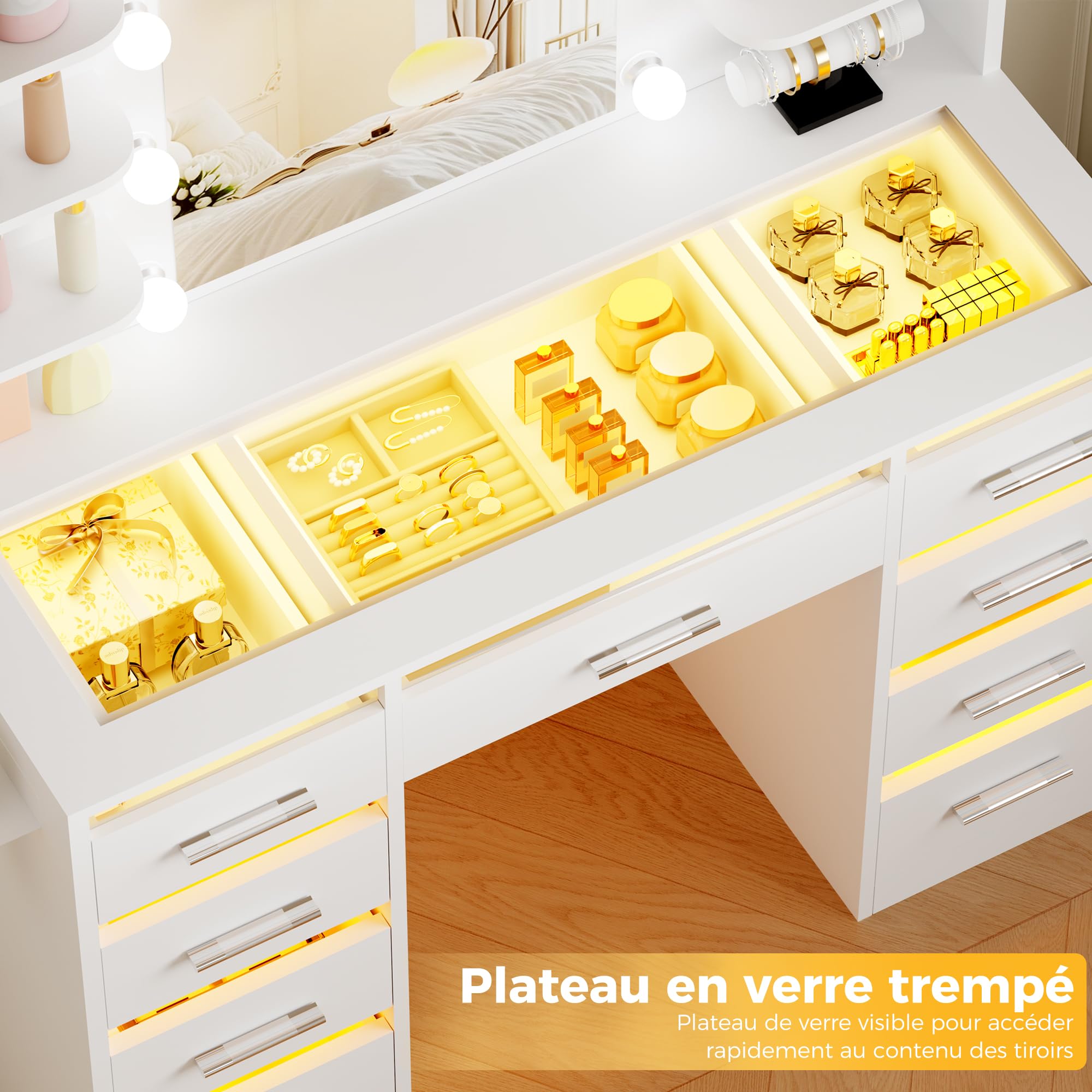 Grande Coiffeuse avec Miroir LED et Éclairage RGB,Plateau en Verre